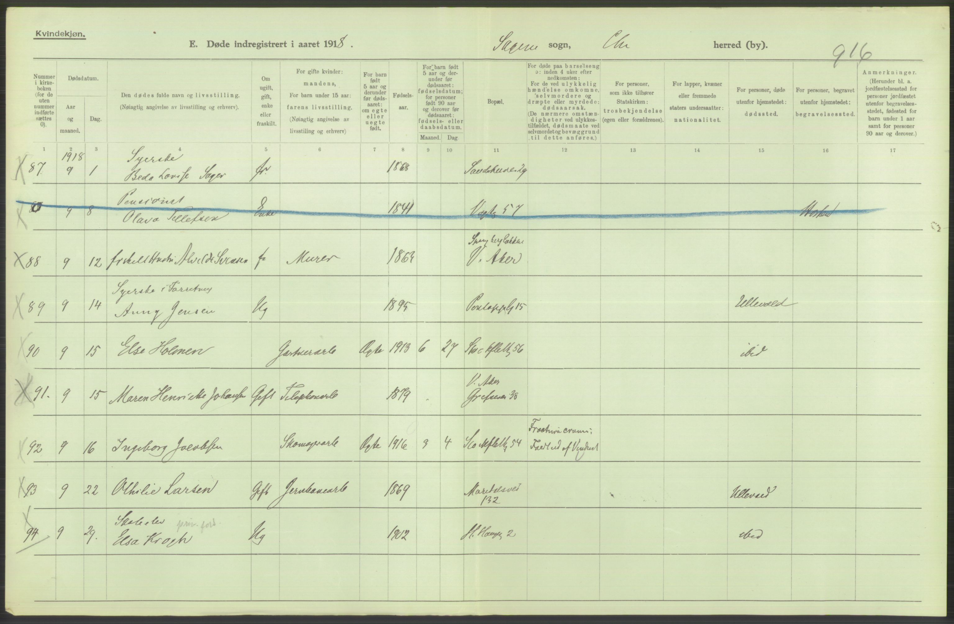 Statistisk sentralbyrå, Sosiodemografiske emner, Befolkning, AV/RA-S-2228/D/Df/Dfb/Dfbh/L0010: Kristiania: Døde, 1918, s. 540