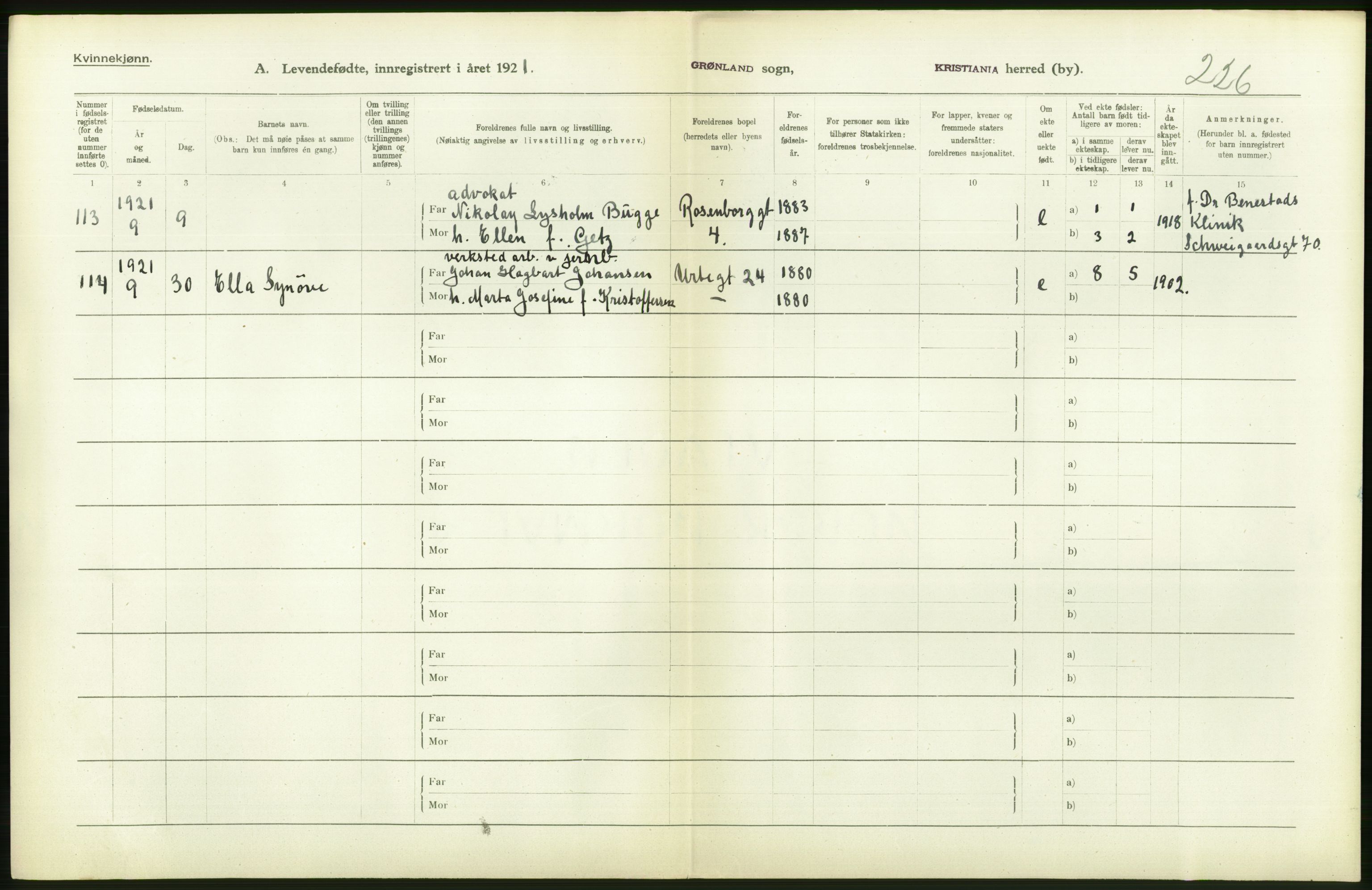 Statistisk sentralbyrå, Sosiodemografiske emner, Befolkning, AV/RA-S-2228/D/Df/Dfc/Dfca/L0010: Kristiania: Levendefødte menn og kvinner., 1921, s. 502