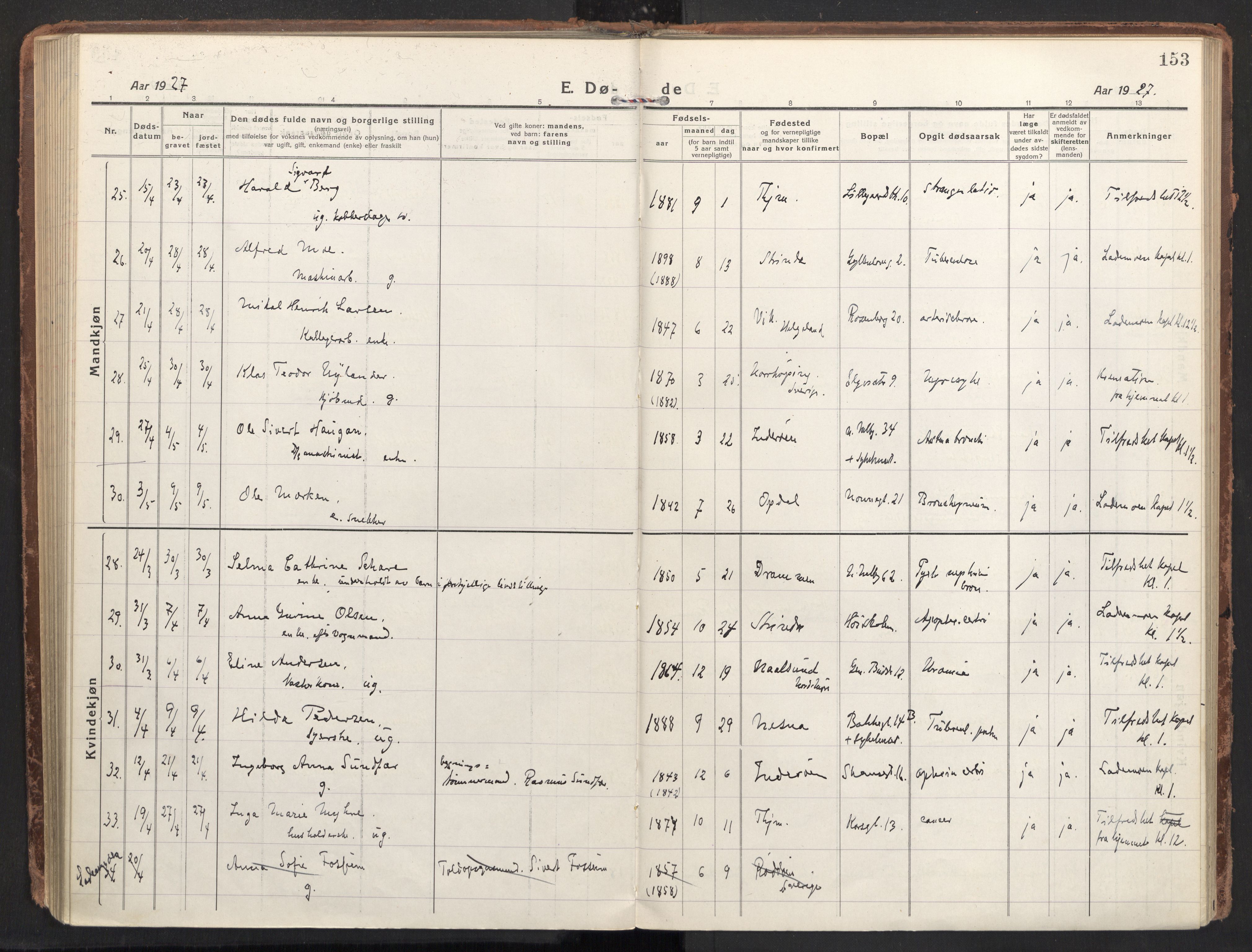 Ministerialprotokoller, klokkerbøker og fødselsregistre - Sør-Trøndelag, AV/SAT-A-1456/604/L0207: Ministerialbok nr. 604A27, 1917-1933, s. 153