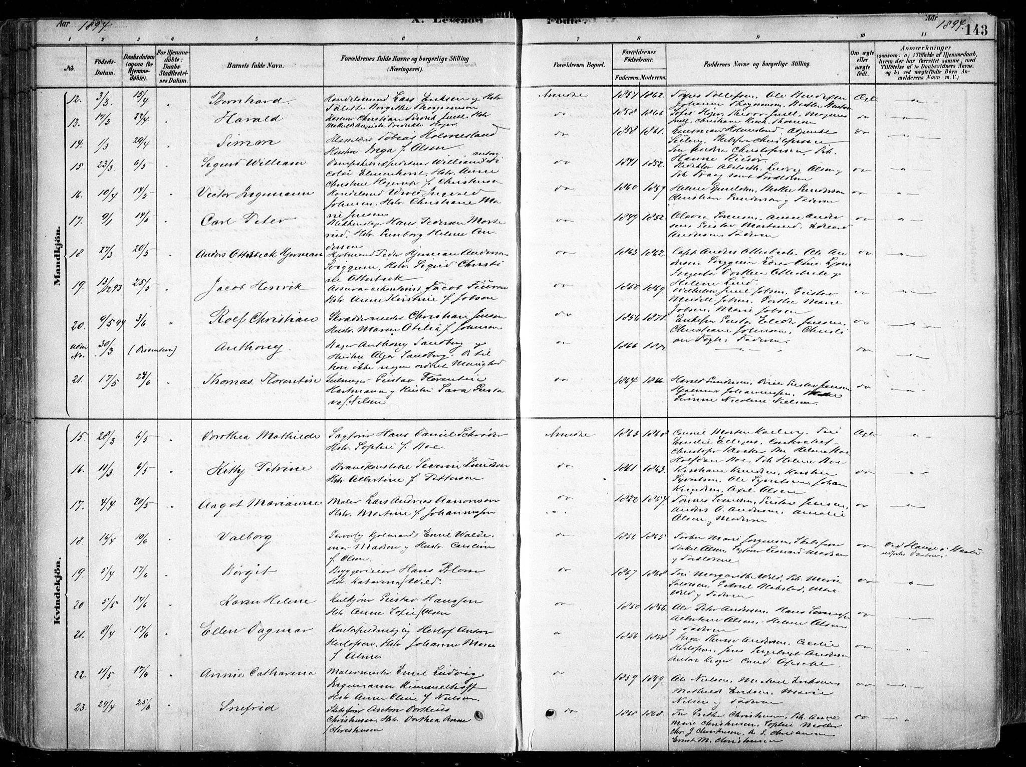 Arendal sokneprestkontor, Trefoldighet, AV/SAK-1111-0040/F/Fa/L0008: Ministerialbok nr. A 8, 1878-1899, s. 143