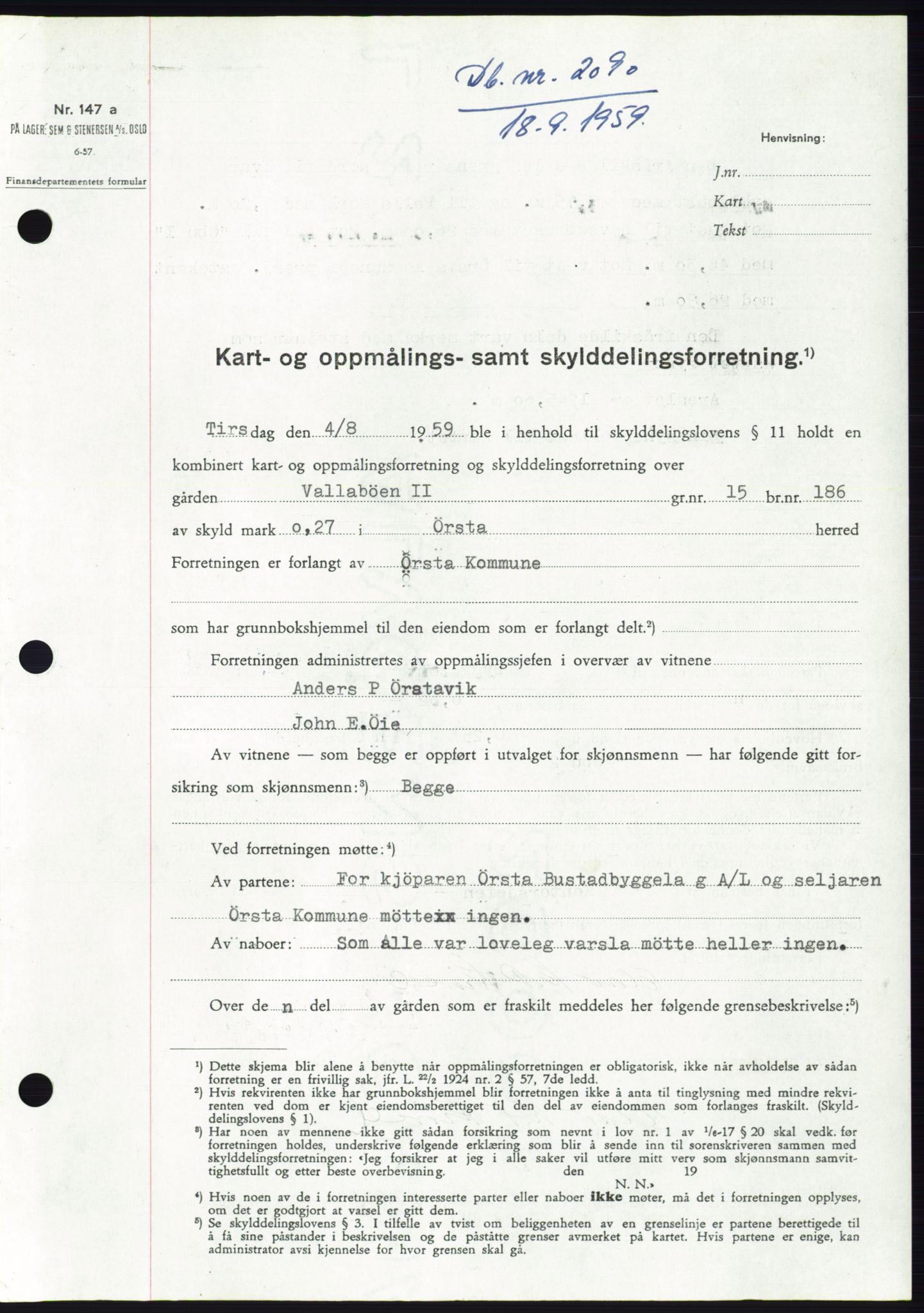 Søre Sunnmøre sorenskriveri, AV/SAT-A-4122/1/2/2C/L0113: Pantebok nr. 39A, 1959-1959, Dagboknr: 2090/1959