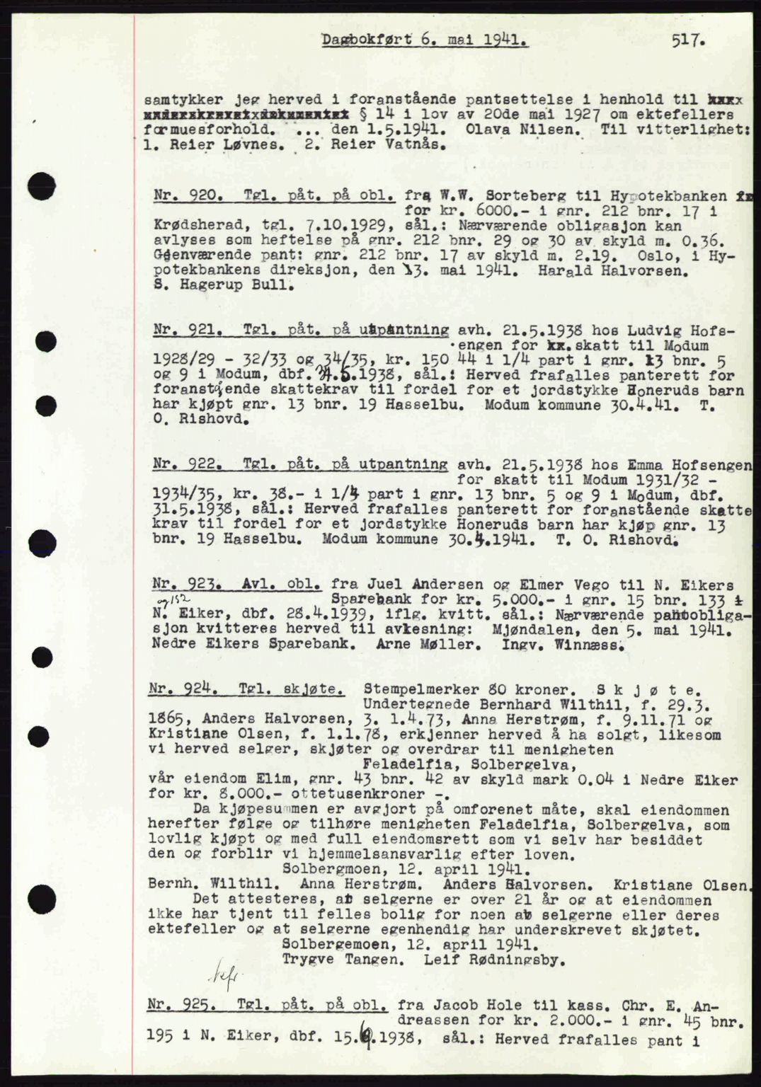 Eiker, Modum og Sigdal sorenskriveri, SAKO/A-123/G/Ga/Gab/L0043: Pantebok nr. A13, 1940-1941, Dagboknr: 920/1941