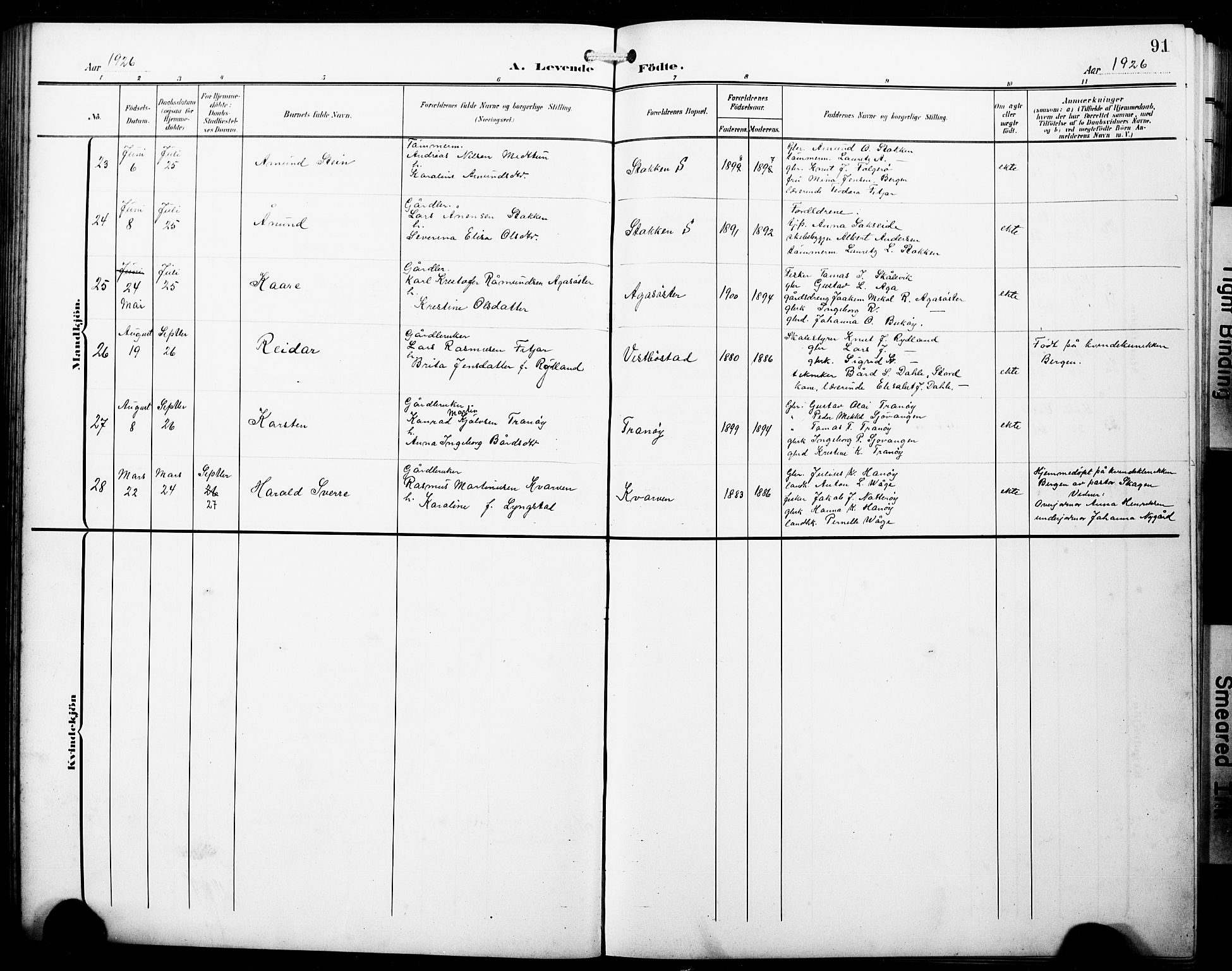 Fitjar sokneprestembete, AV/SAB-A-99926: Klokkerbok nr. B 1, 1906-1928, s. 91