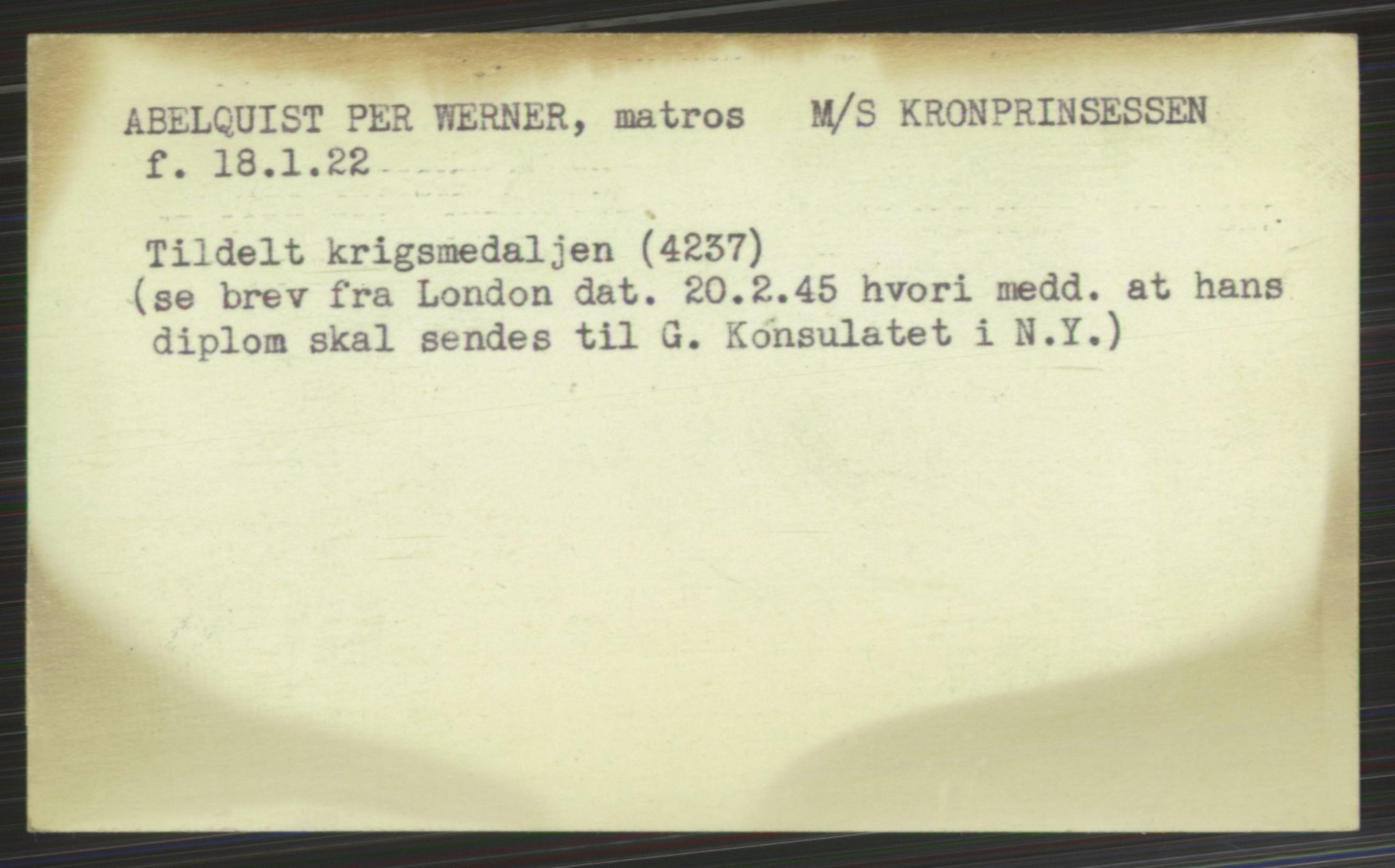 Nortraship, Krigsmedaljer og torpedonåler, RA/S-2160/F/Fa/L0001: Kort på personer ordnet alfabetisk A-M, 1940-1945