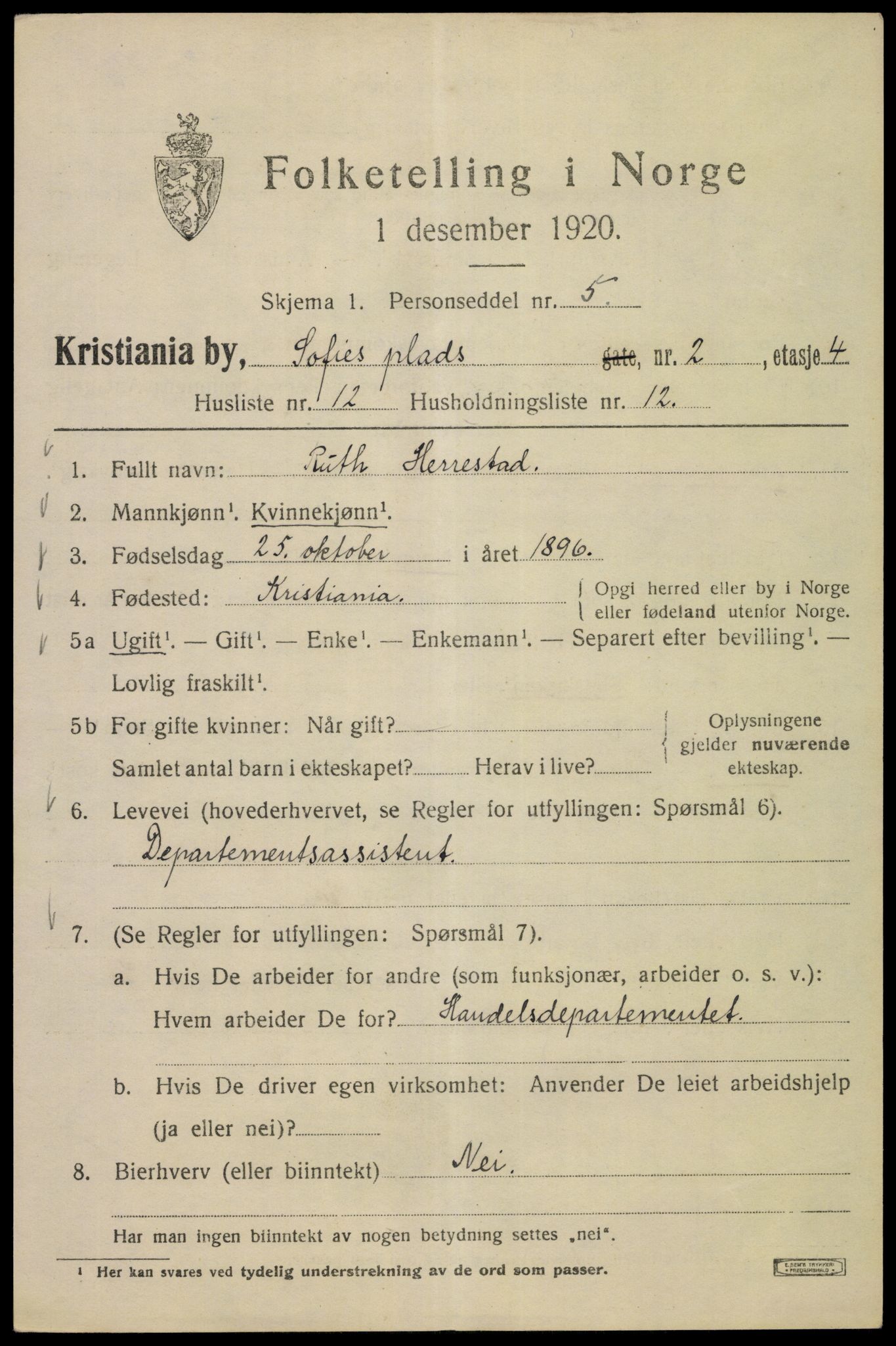 SAO, Folketelling 1920 for 0301 Kristiania kjøpstad, 1920, s. 527005