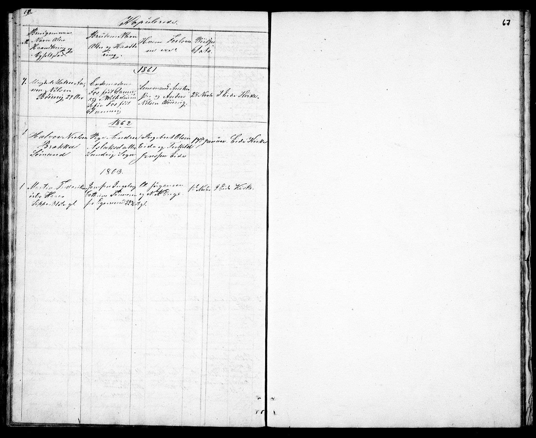 Hommedal sokneprestkontor, AV/SAK-1111-0023/F/Fb/Fba/L0002: Klokkerbok nr. B 2, 1841-1863, s. 67