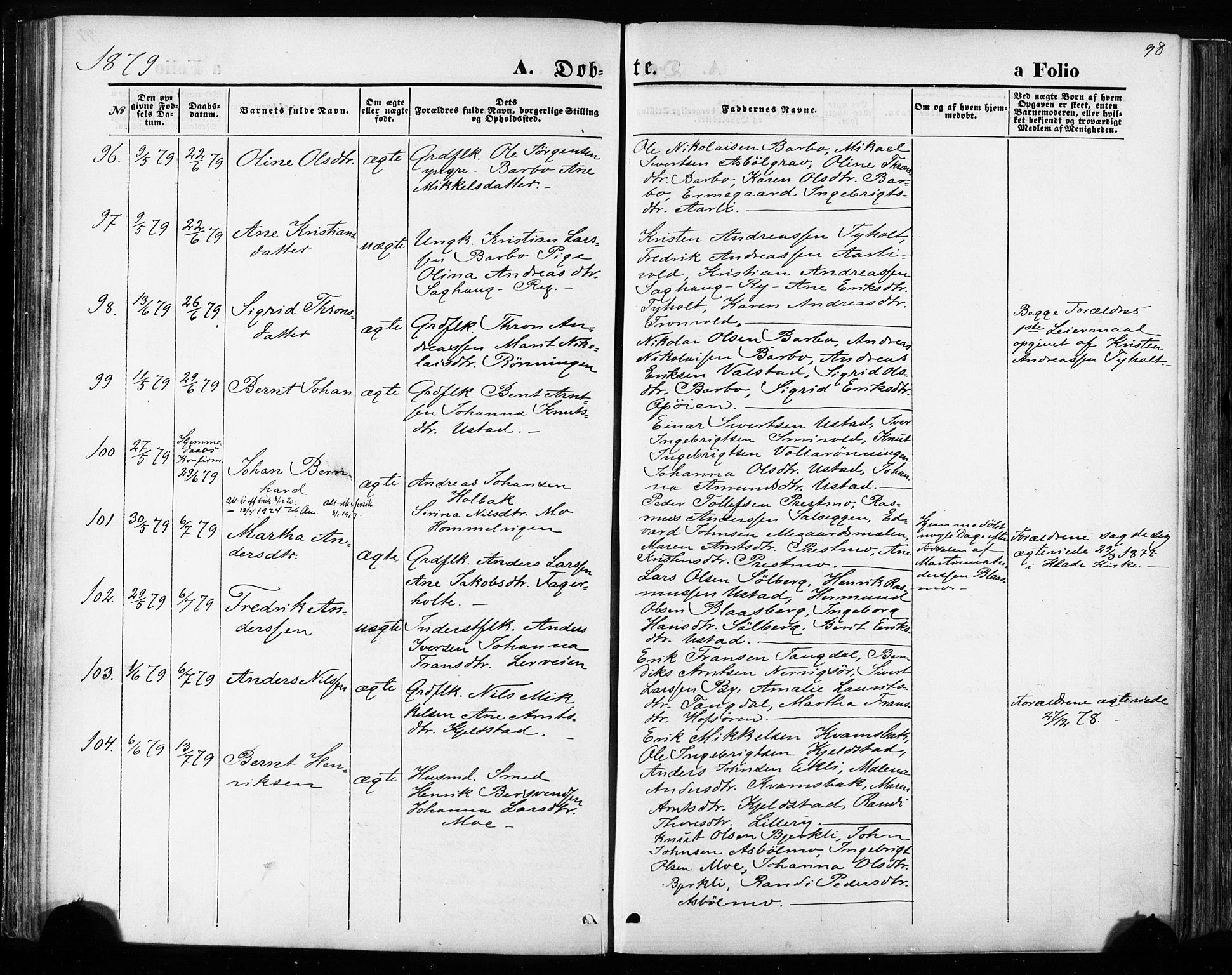 Ministerialprotokoller, klokkerbøker og fødselsregistre - Sør-Trøndelag, SAT/A-1456/668/L0807: Ministerialbok nr. 668A07, 1870-1880, s. 98