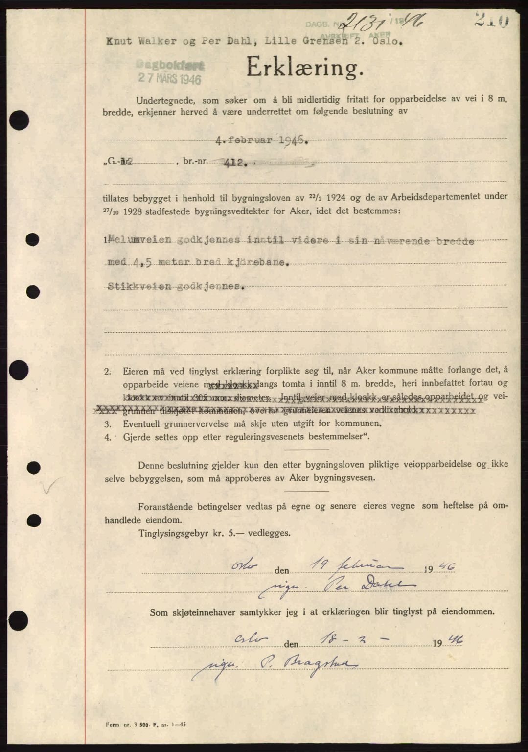 Aker herredsskriveri, AV/SAO-A-10896/G/Gb/Gba/Gbab/L0067: Pantebok nr. A187-188, 1946-1946, Dagboknr: 2131/1946