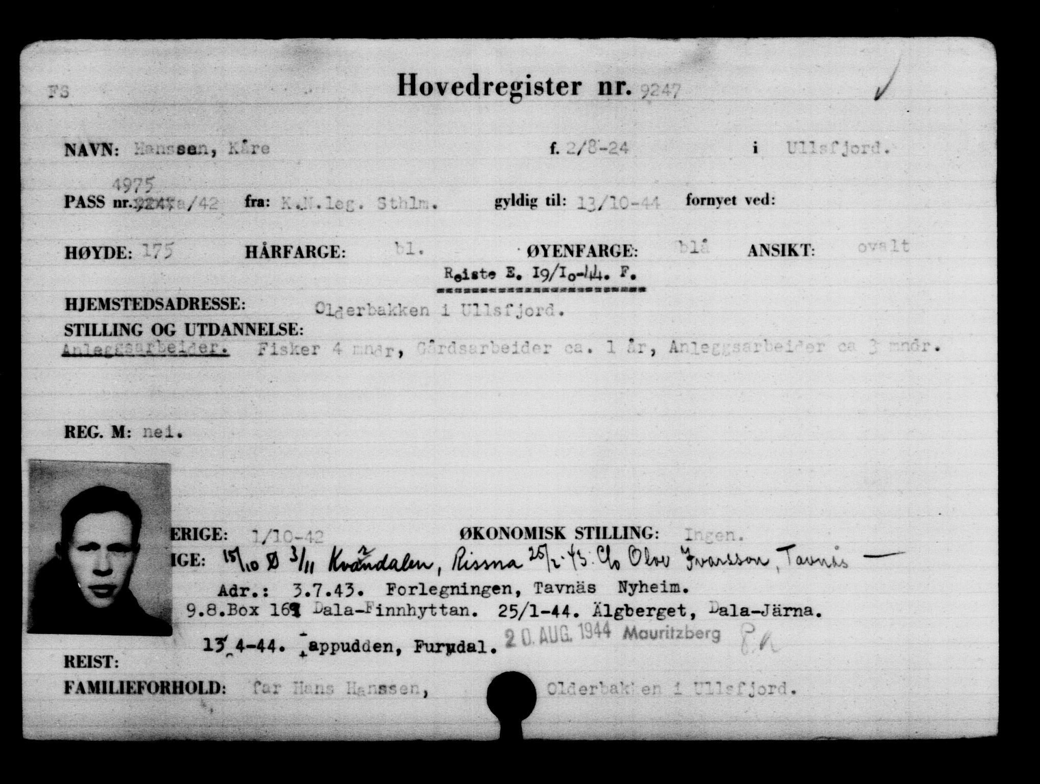Utenriksstasjonene, Legasjonen i Stockholm, Flyktningkontoret, AV/RA-S-6753/V/Va/L0005: Kjesäterkartoteket, flyktninger med registreringsnr. 6600-9417, 1940-1945, s. 3124