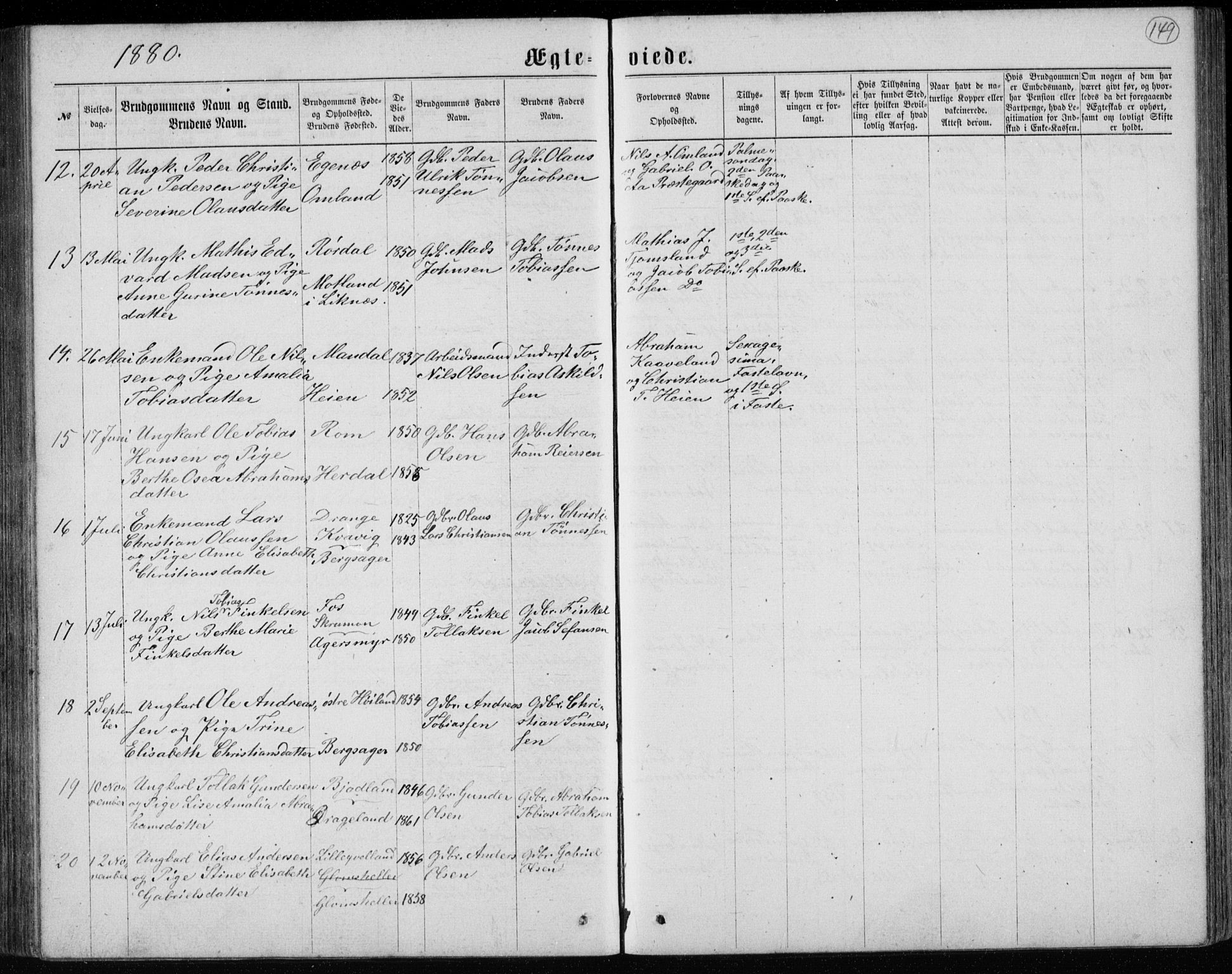 Lyngdal sokneprestkontor, AV/SAK-1111-0029/F/Fb/Fbc/L0004: Klokkerbok nr. B 4, 1878-1896, s. 149