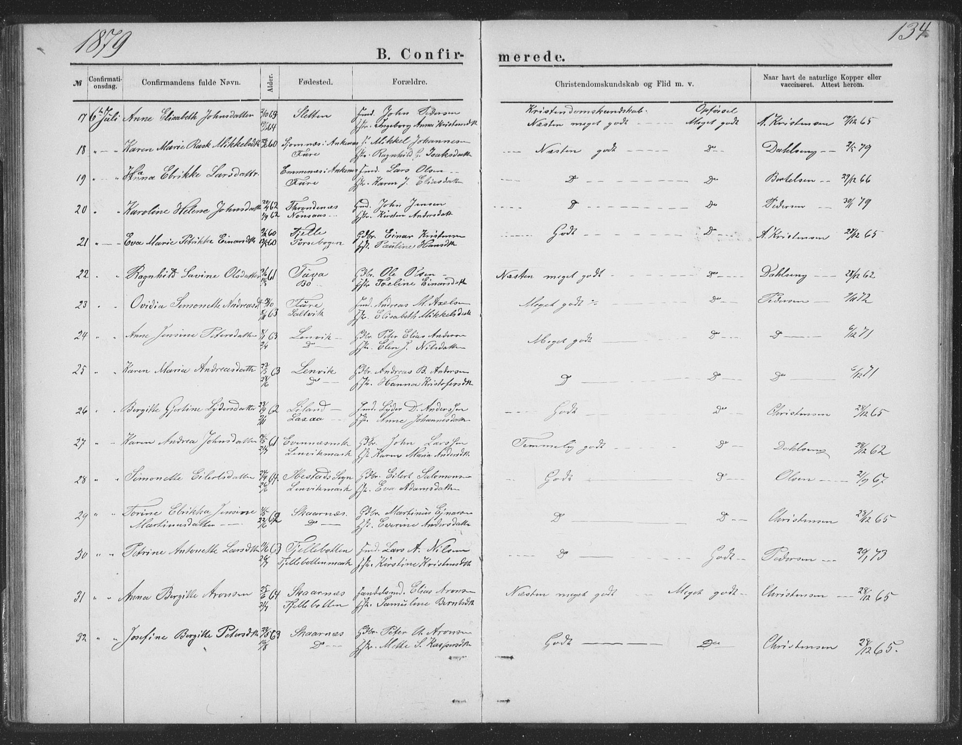 Ministerialprotokoller, klokkerbøker og fødselsregistre - Nordland, AV/SAT-A-1459/863/L0913: Klokkerbok nr. 863C03, 1877-1885, s. 134