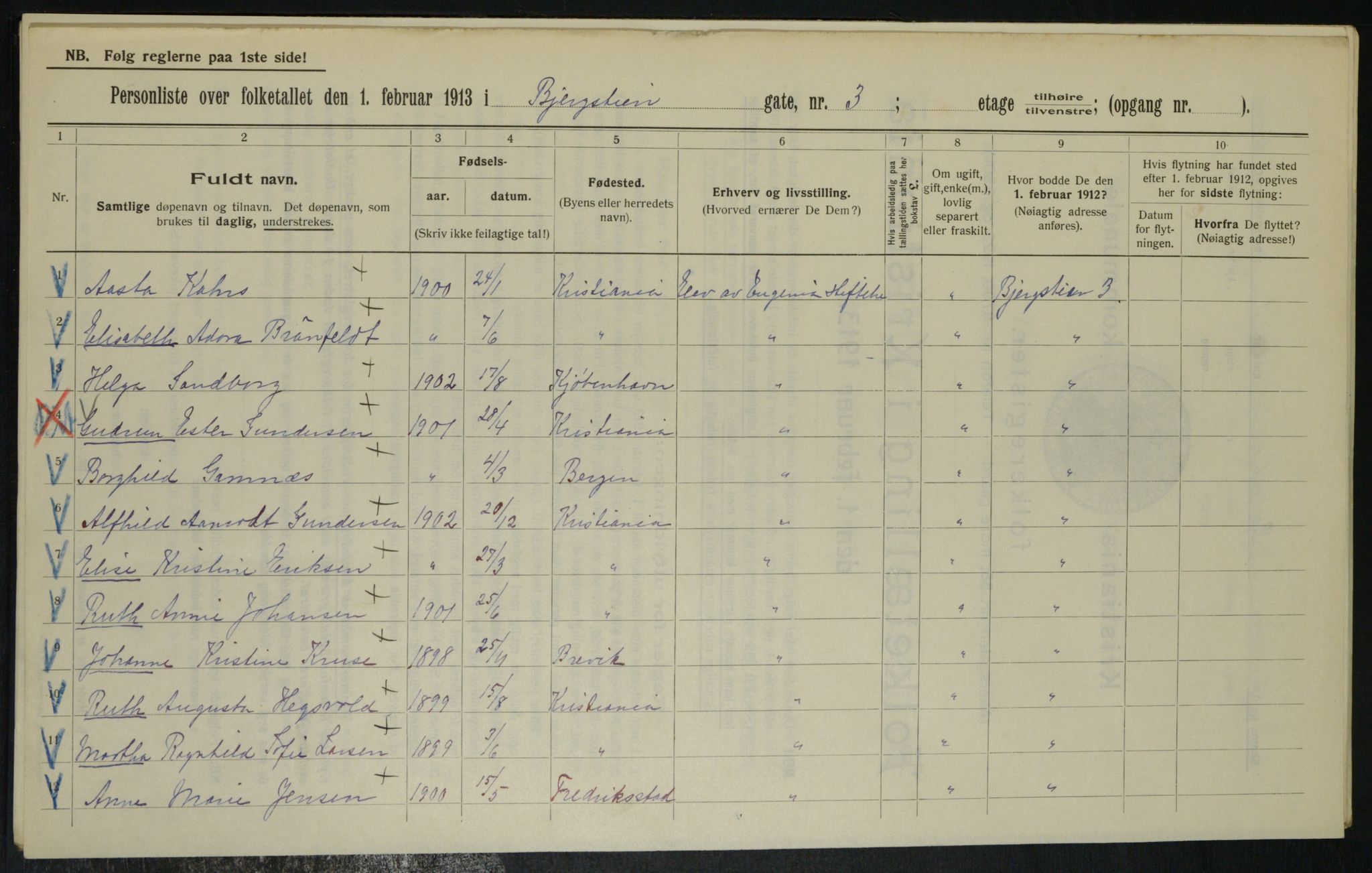 OBA, Kommunal folketelling 1.2.1913 for Kristiania, 1913, s. 4187