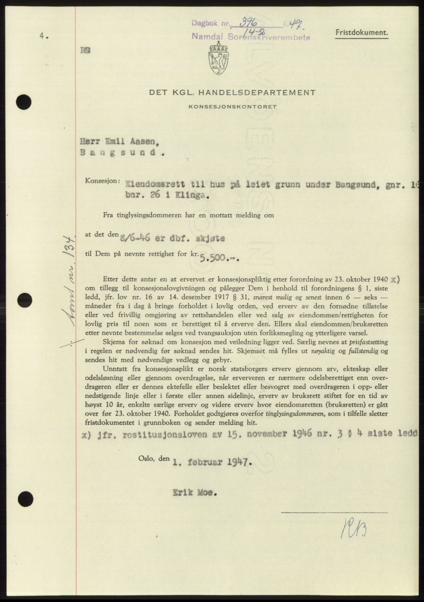 Namdal sorenskriveri, SAT/A-4133/1/2/2C: Pantebok nr. -, 1946-1947, Dagboknr: 396/1947
