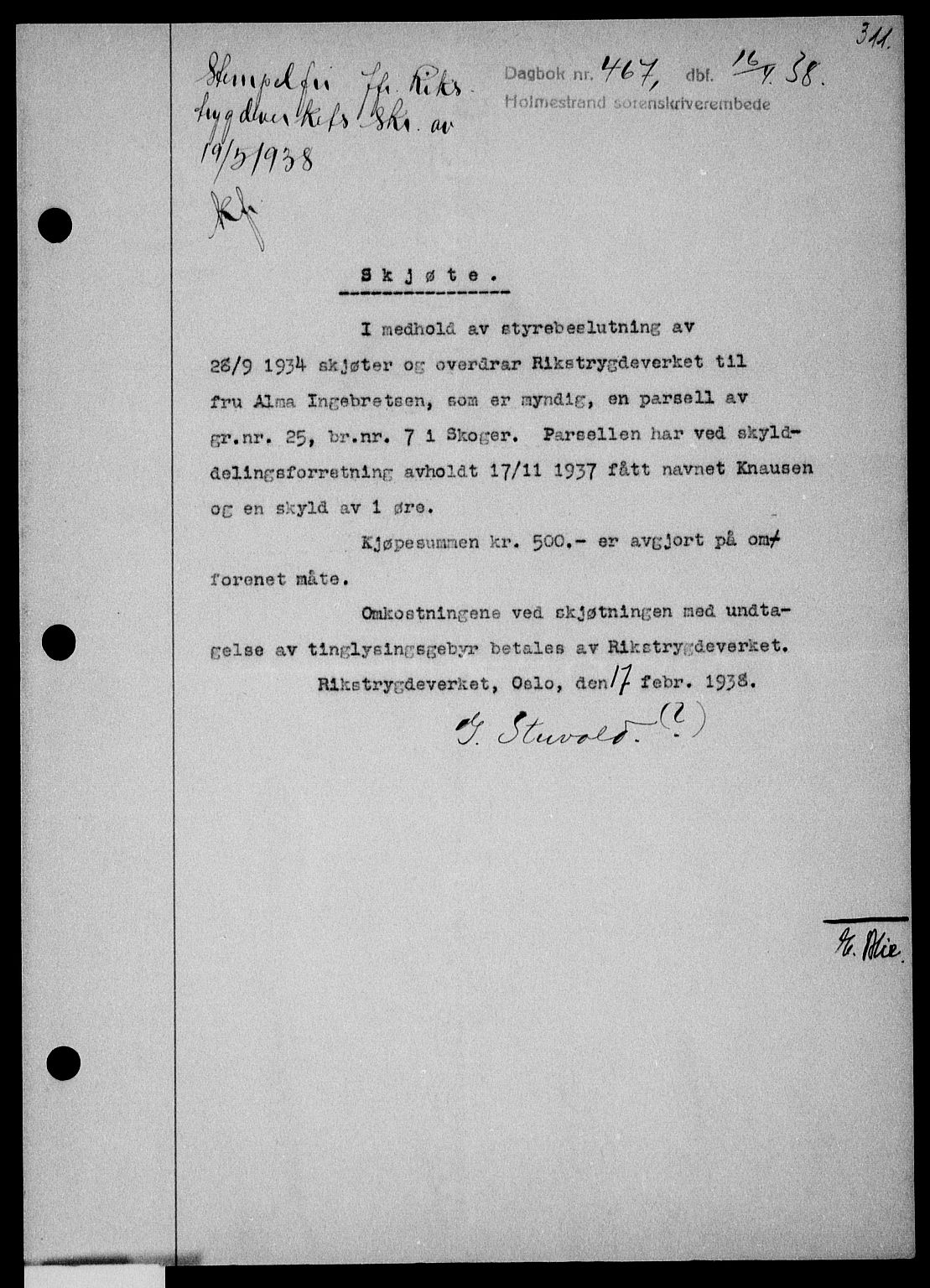 Holmestrand sorenskriveri, SAKO/A-67/G/Ga/Gaa/L0049: Pantebok nr. A-49, 1937-1938, Dagboknr: 467/1938