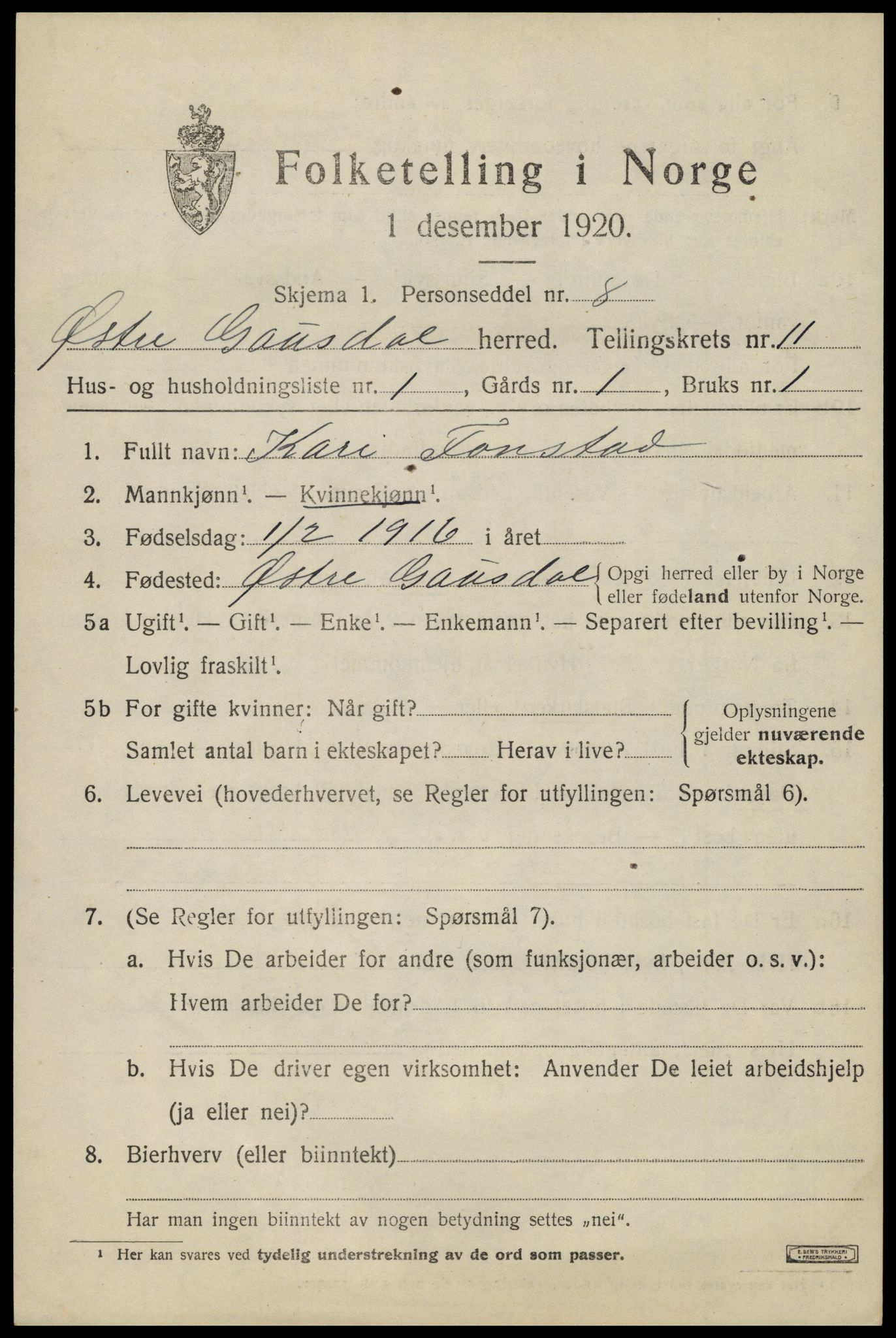 SAH, Folketelling 1920 for 0522 Østre Gausdal herred, 1920, s. 5842