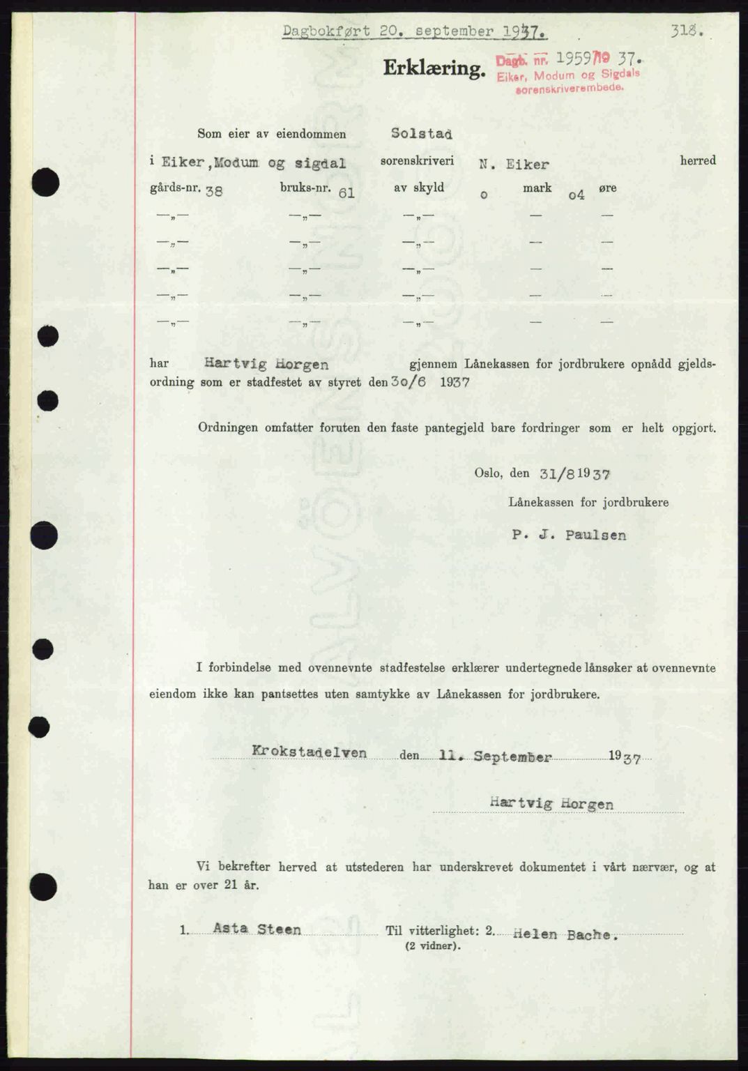 Eiker, Modum og Sigdal sorenskriveri, SAKO/A-123/G/Ga/Gab/L0036: Pantebok nr. A6, 1937-1937, Dagboknr: 1959/1937
