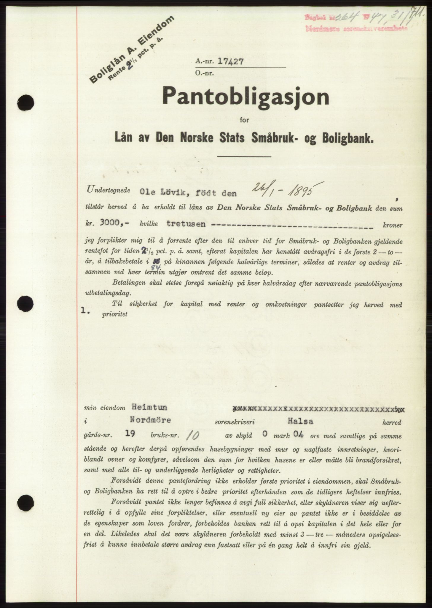 Nordmøre sorenskriveri, SAT/A-4132/1/2/2Ca: Pantebok nr. B95, 1946-1947, Dagboknr: 264/1947