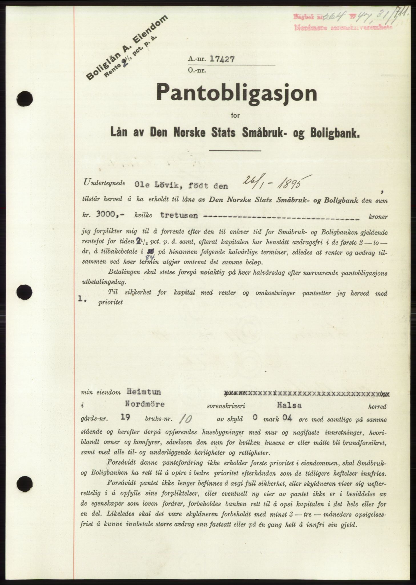 Nordmøre sorenskriveri, AV/SAT-A-4132/1/2/2Ca: Pantebok nr. B95, 1946-1947, Dagboknr: 264/1947