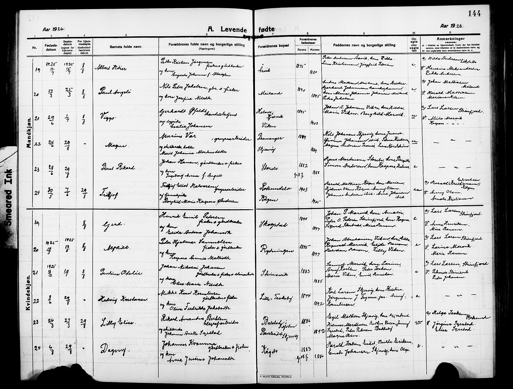 Skjervøy sokneprestkontor, AV/SATØ-S-1300/H/Ha/Hab/L0009klokker: Klokkerbok nr. 9, 1911-1926, s. 144