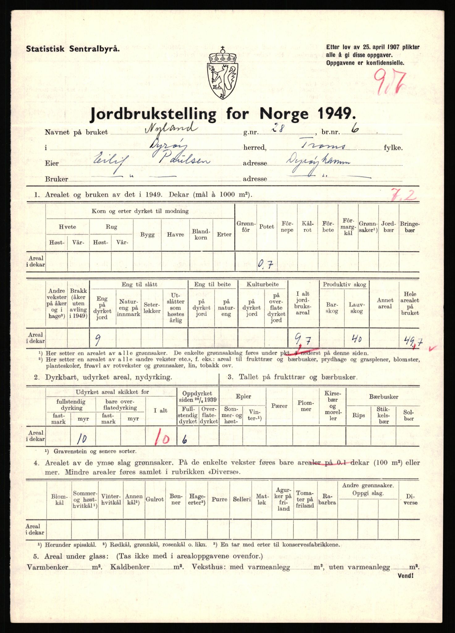 Statistisk sentralbyrå, Næringsøkonomiske emner, Jordbruk, skogbruk, jakt, fiske og fangst, AV/RA-S-2234/G/Gc/L0440: Troms: Sørreisa og Dyrøy, 1949, s. 960
