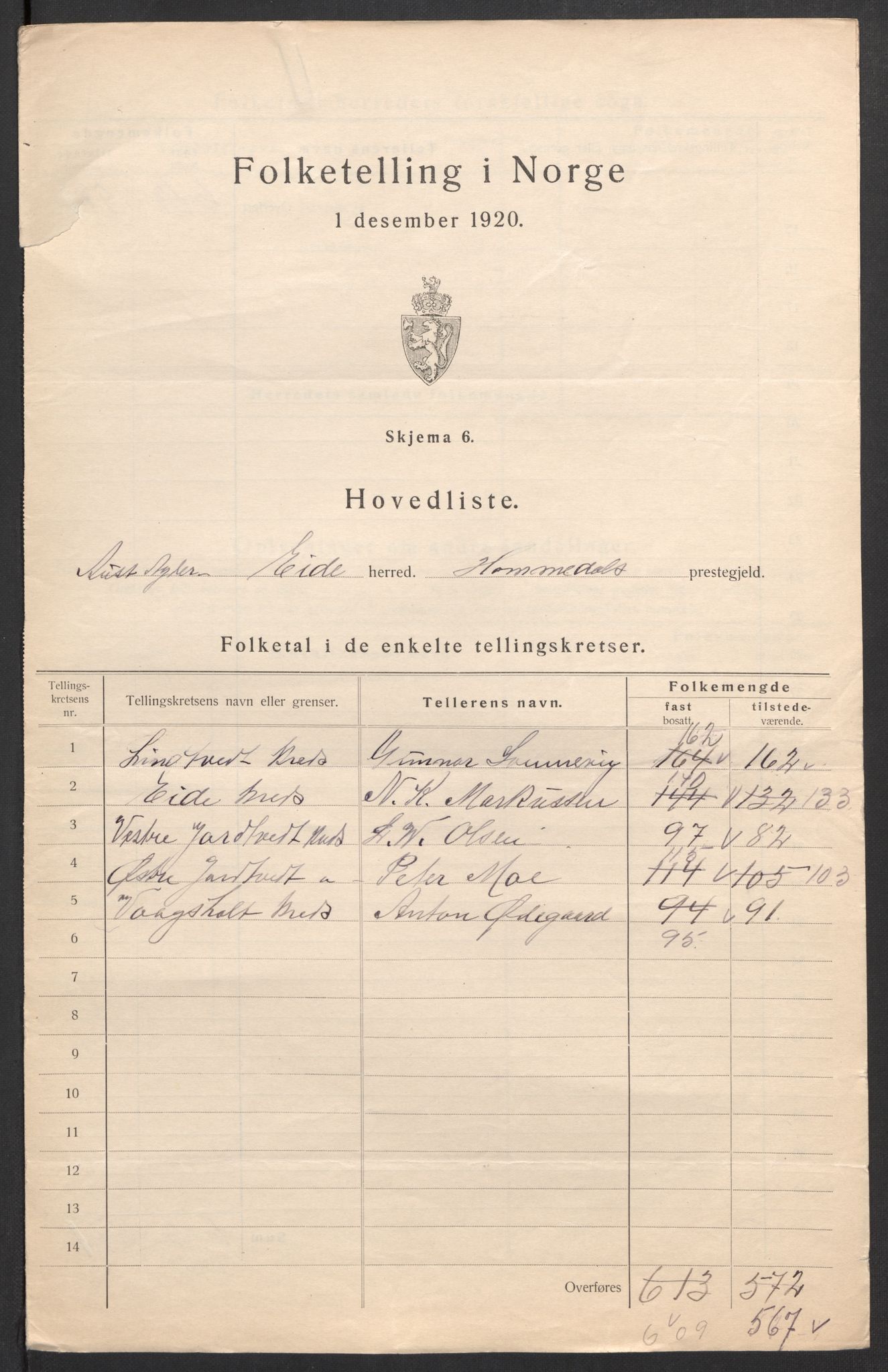 SAK, Folketelling 1920 for 0925 Eide herred, 1920, s. 6