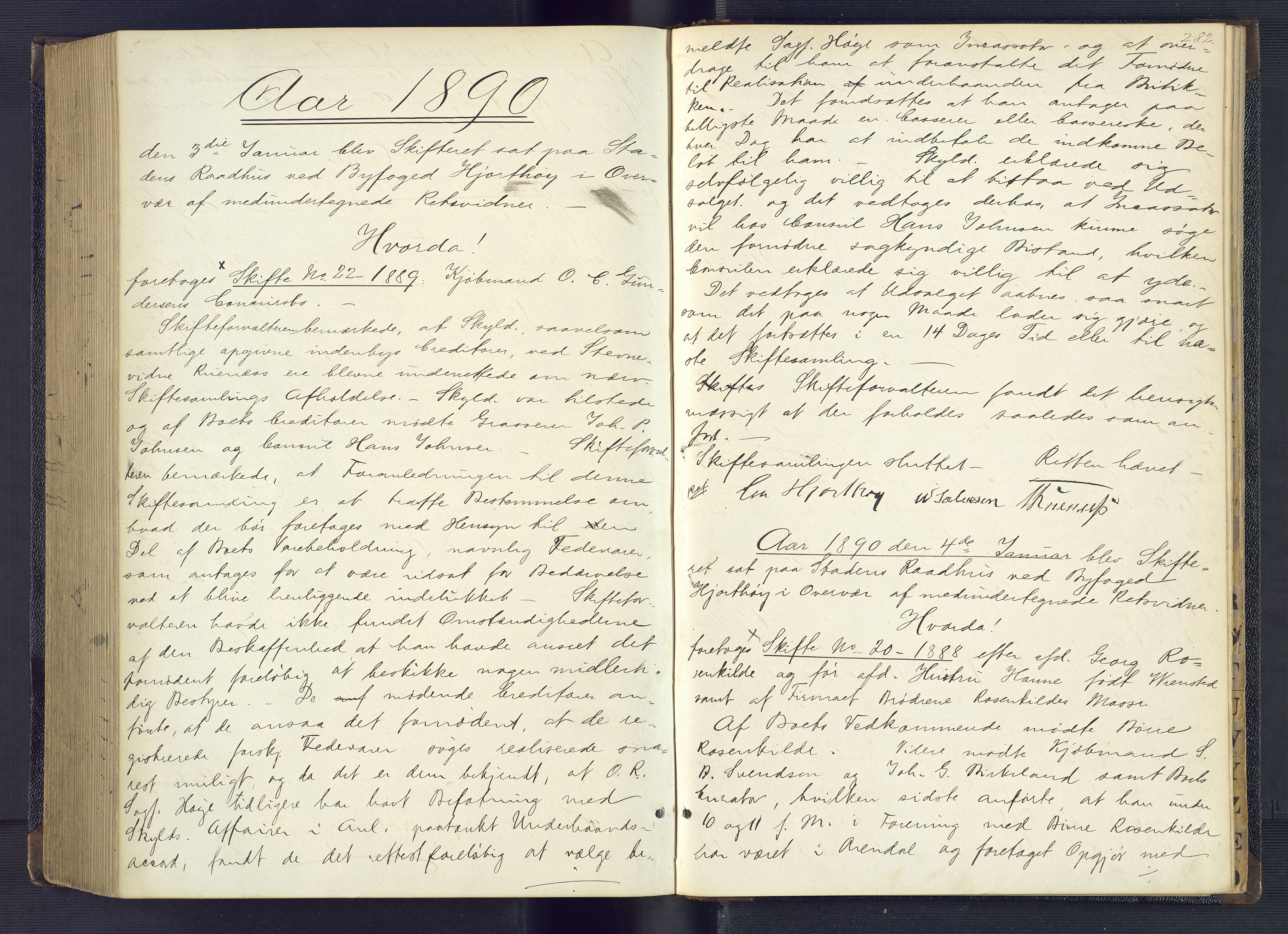 Kristiansand byrett, AV/SAK-1223-0001/H/Hc/L0043: Skifteforhandlingsprotokoll nr. 3, med register, 1885-1890, s. 282