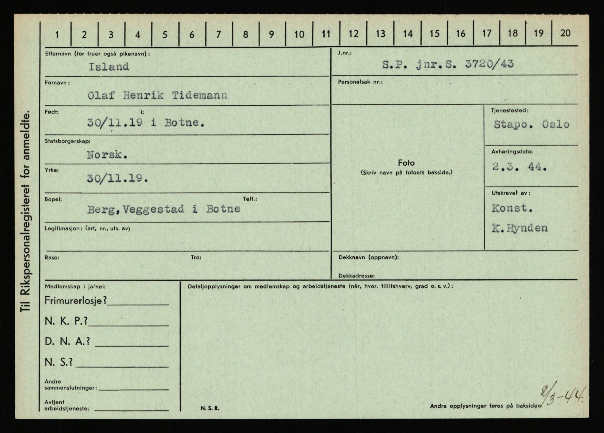 Statspolitiet - Hovedkontoret / Osloavdelingen, AV/RA-S-1329/C/Ca/L0007: Hol - Joelsen, 1943-1945, s. 2607