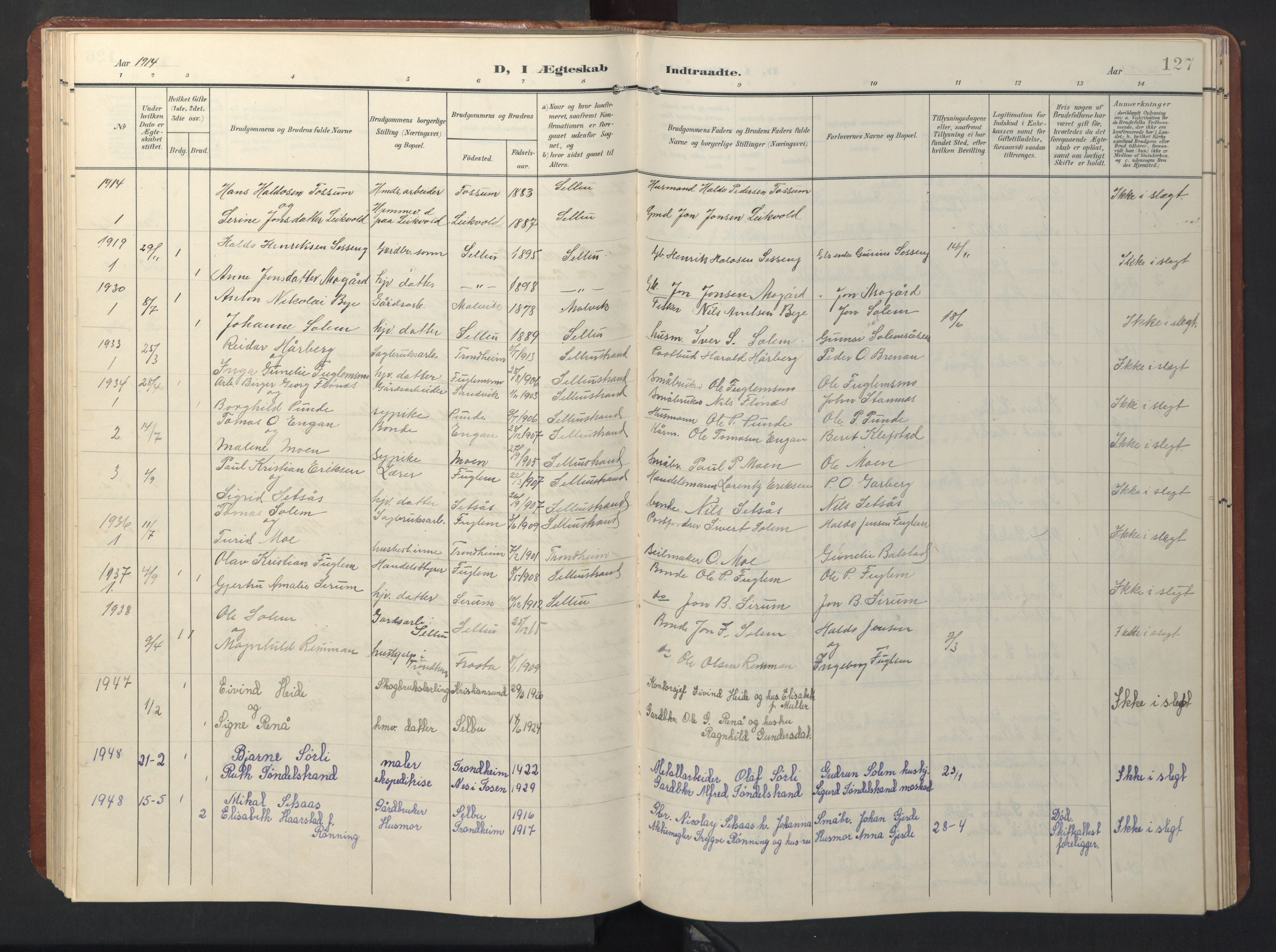 Ministerialprotokoller, klokkerbøker og fødselsregistre - Sør-Trøndelag, AV/SAT-A-1456/696/L1161: Klokkerbok nr. 696C01, 1902-1950, s. 127