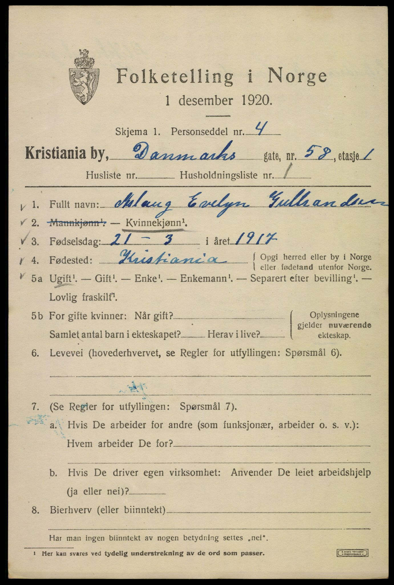 SAO, Folketelling 1920 for 0301 Kristiania kjøpstad, 1920, s. 196033