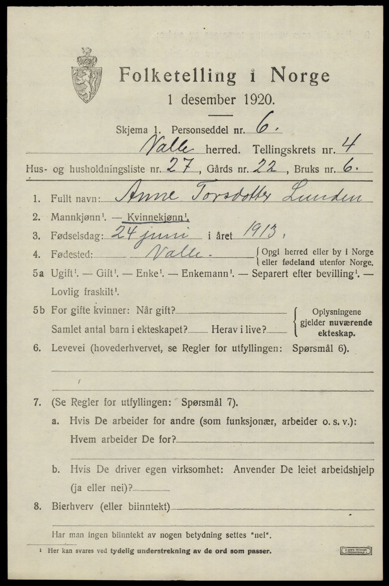 SAK, Folketelling 1920 for 0940 Valle herred, 1920, s. 2305