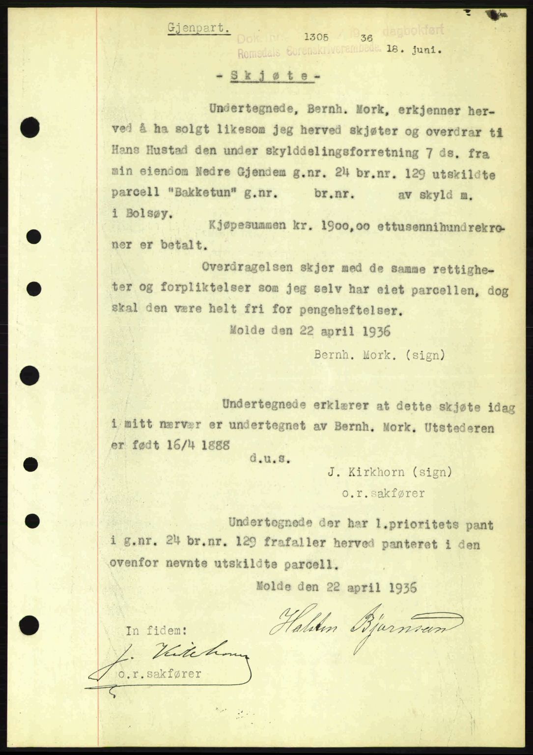 Romsdal sorenskriveri, SAT/A-4149/1/2/2C: Pantebok nr. A1, 1936-1936, Dagboknr: 1305/1936