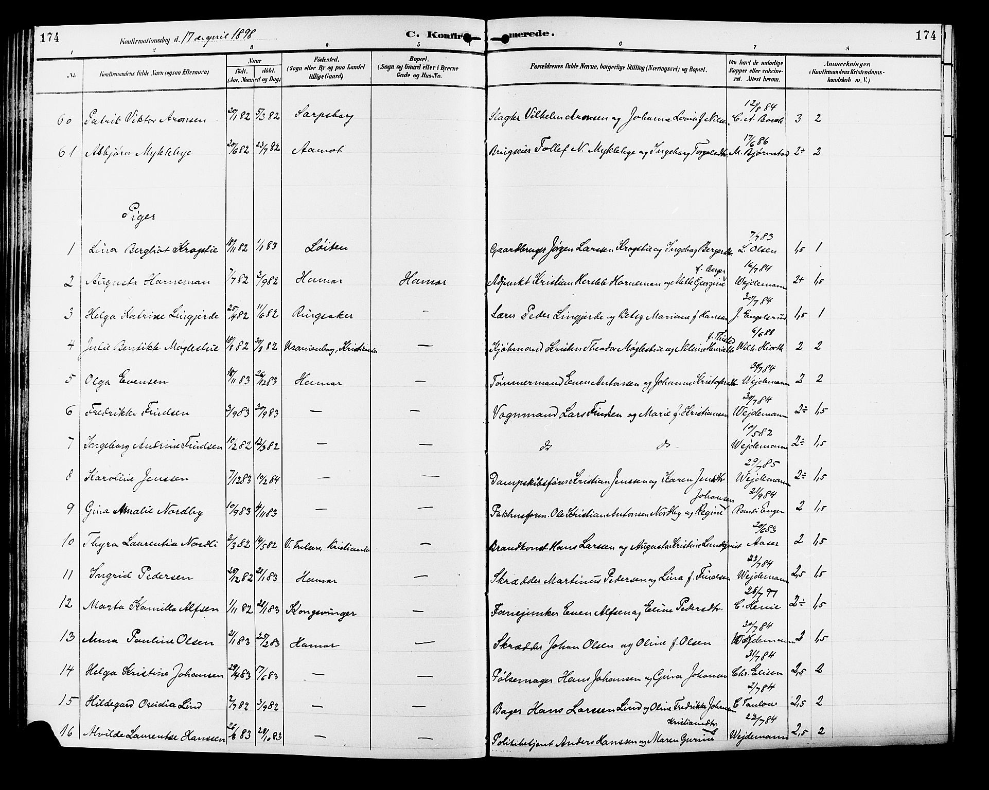 Vang prestekontor, Hedmark, AV/SAH-PREST-008/H/Ha/Hab/L0013: Klokkerbok nr. 13, 1890-1899, s. 174