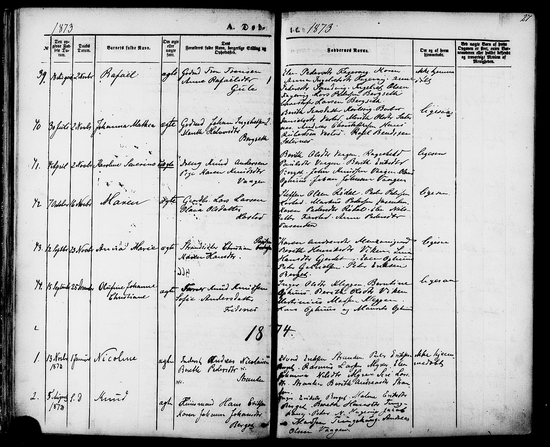 Ministerialprotokoller, klokkerbøker og fødselsregistre - Møre og Romsdal, AV/SAT-A-1454/566/L0768: Ministerialbok nr. 566A07, 1869-1881, s. 27