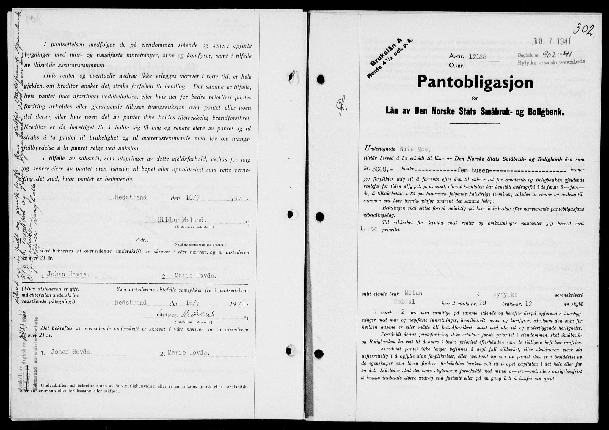 Ryfylke tingrett, SAST/A-100055/001/II/IIB/L0083: Pantebok nr. 62, 1941-1941, Dagboknr: 902/1941