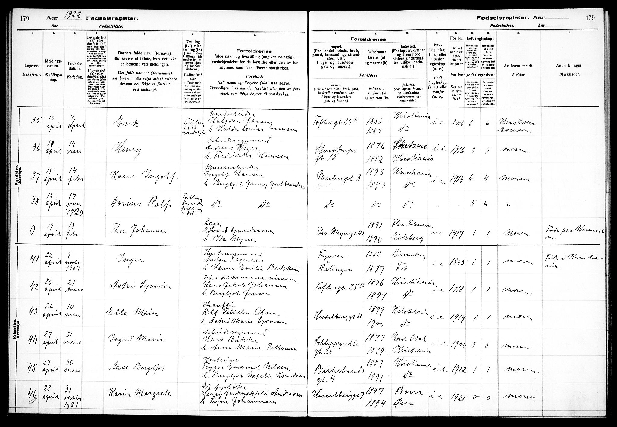 Paulus prestekontor Kirkebøker, AV/SAO-A-10871/J/Ja/L0001: Fødselsregister nr. 1, 1916-1923, s. 179