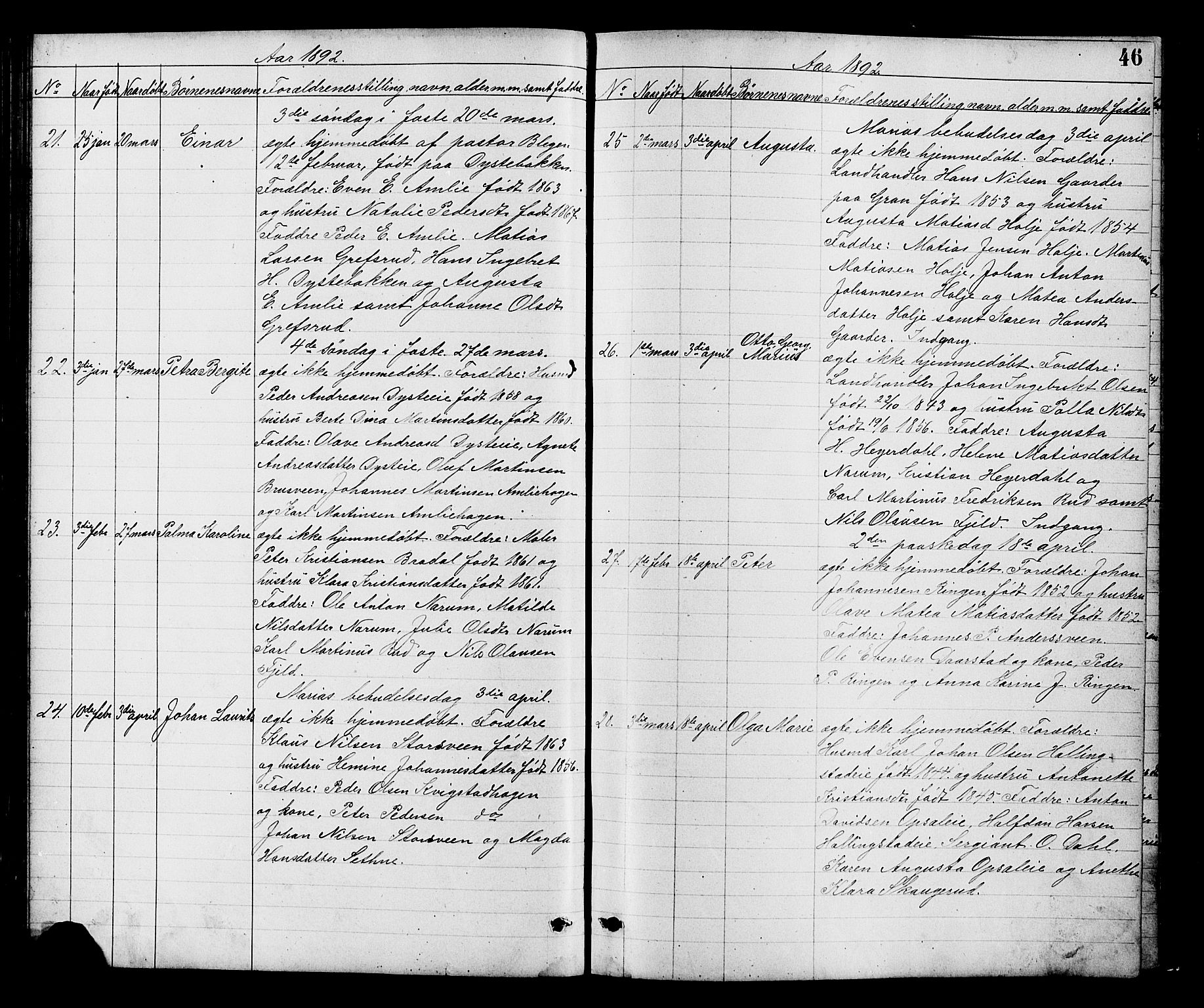 Vestre Toten prestekontor, AV/SAH-PREST-108/H/Ha/Hab/L0008: Klokkerbok nr. 8, 1885-1900, s. 46