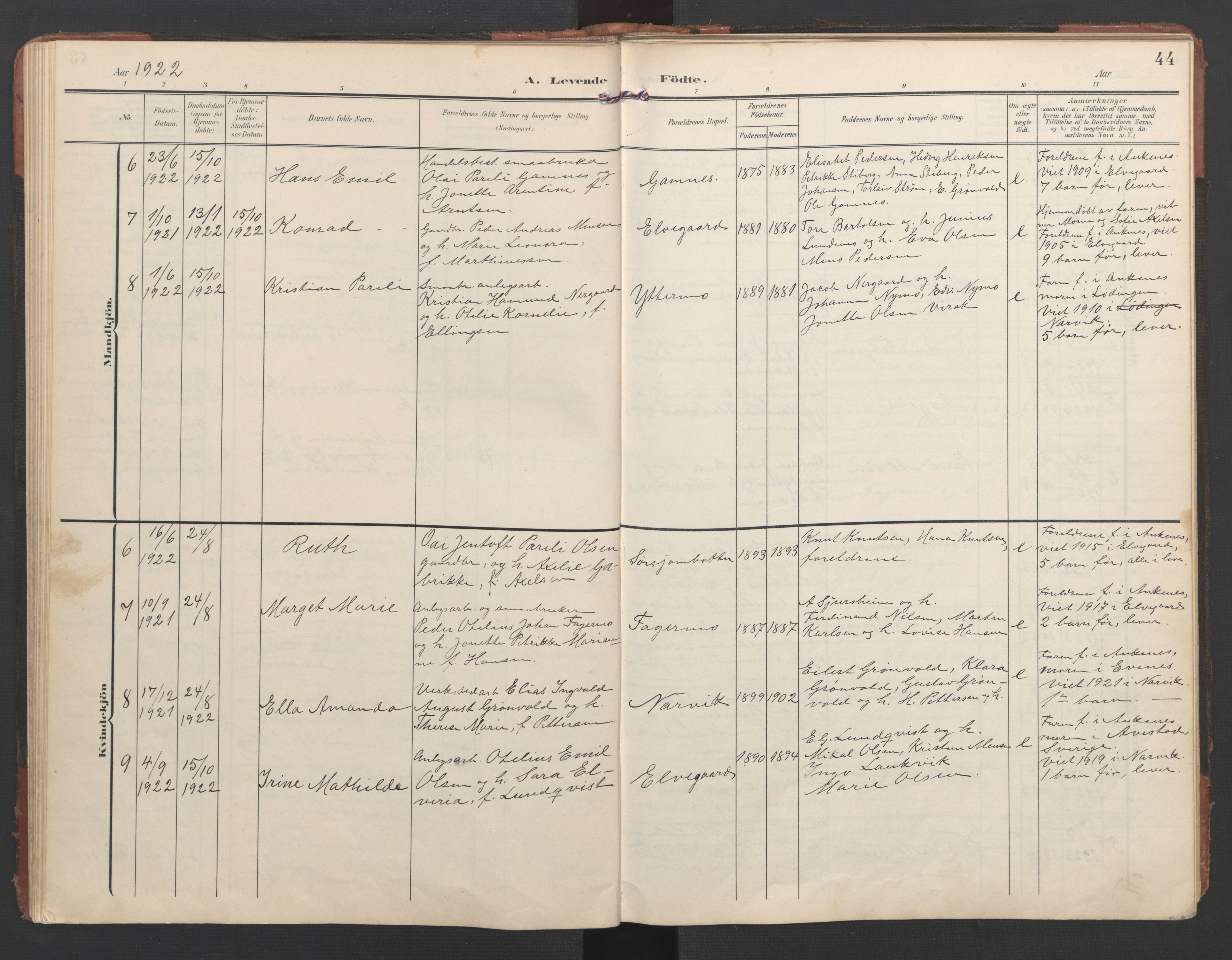 Ministerialprotokoller, klokkerbøker og fødselsregistre - Nordland, AV/SAT-A-1459/867/L0966: Klokkerbok nr. 867C01, 1904-1952, s. 44