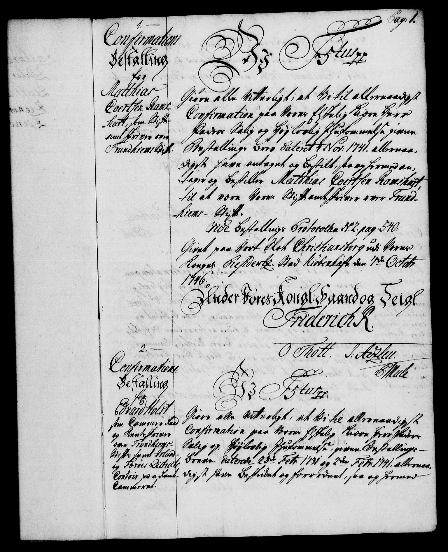 Rentekammeret, Kammerkanselliet, AV/RA-EA-3111/G/Gg/Ggg/L0002: Norsk konfirmasjonsbestallingsprotokoll med register (merket RK 53.32), 1746-1748, s. 1