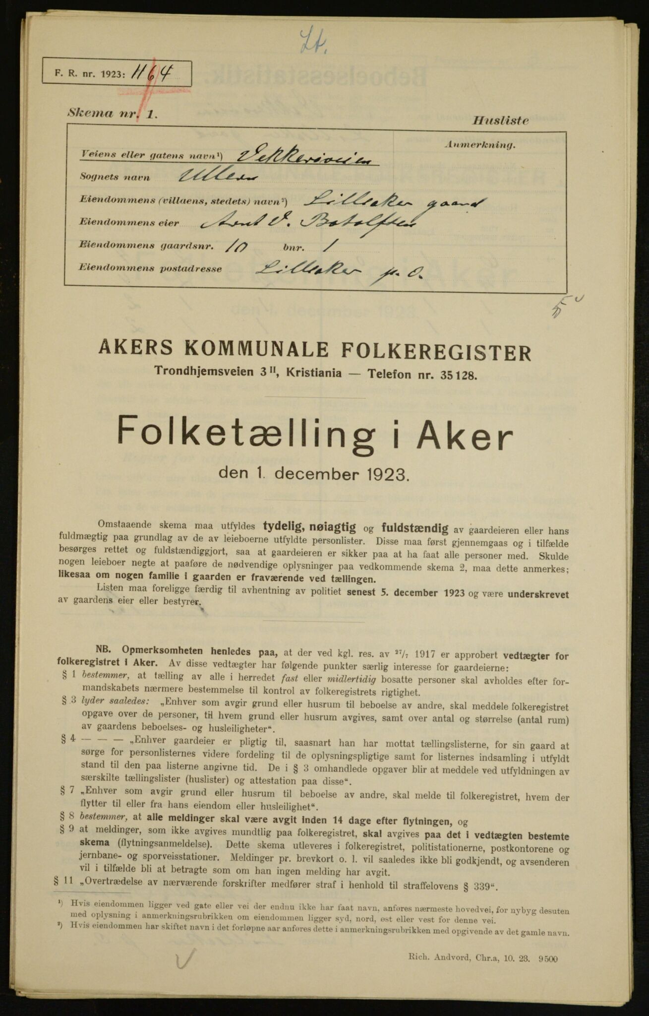 , Kommunal folketelling 1.12.1923 for Aker, 1923, s. 7019