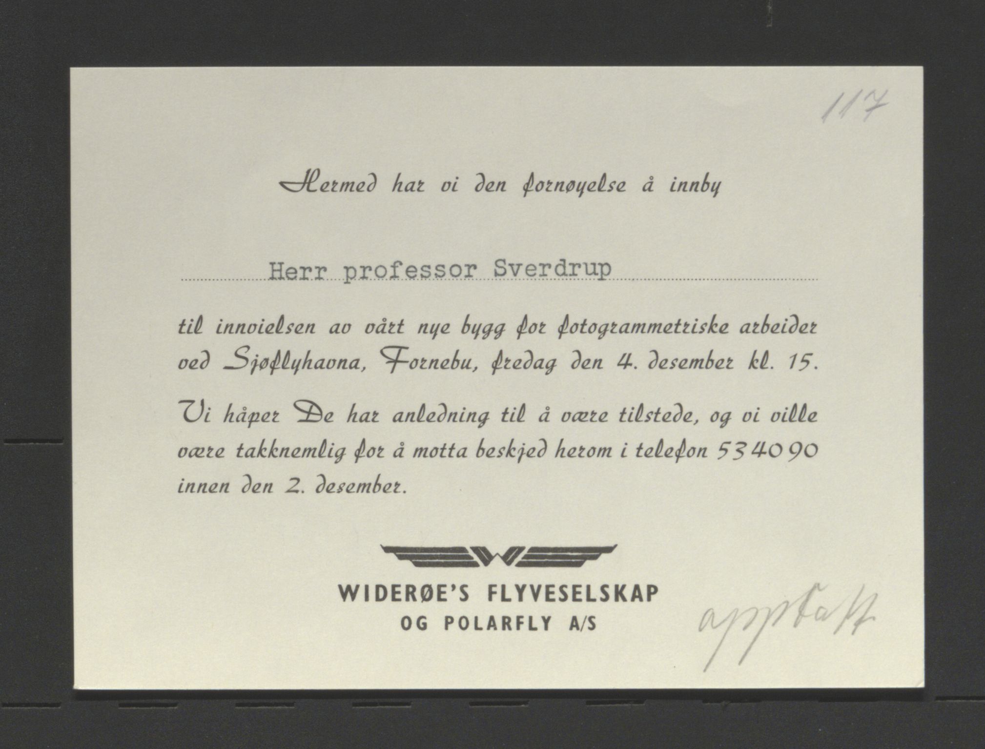 Norsk Polarinstitutt, AV/SATØ-S-0902/D/Db/L0216/0002: Korrespondanse og saksdokumenter / Widerøe, 1939-1953, s. 1