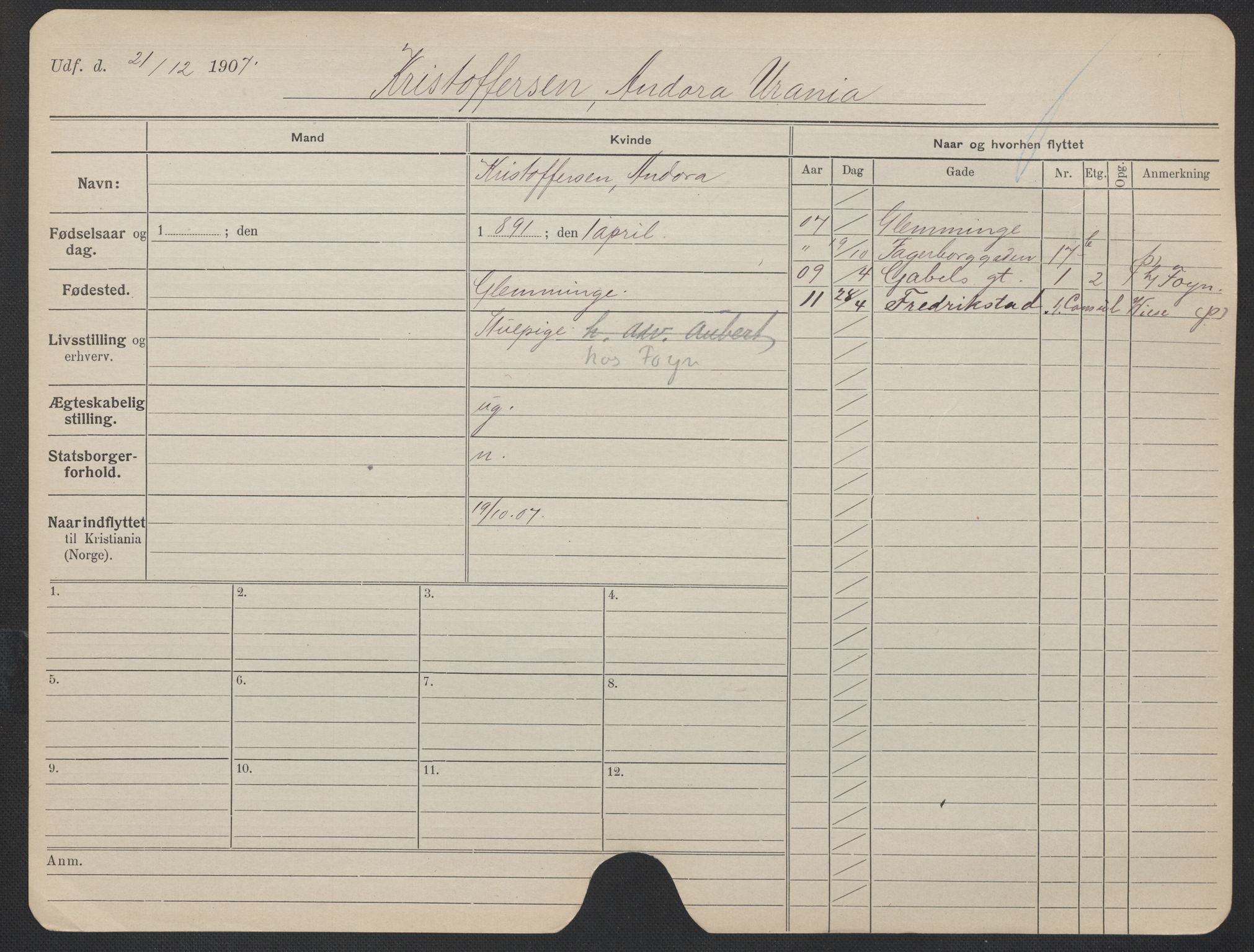 Oslo folkeregister, Registerkort, AV/SAO-A-11715/F/Fa/Fac/L0019: Kvinner, 1906-1914, s. 478a