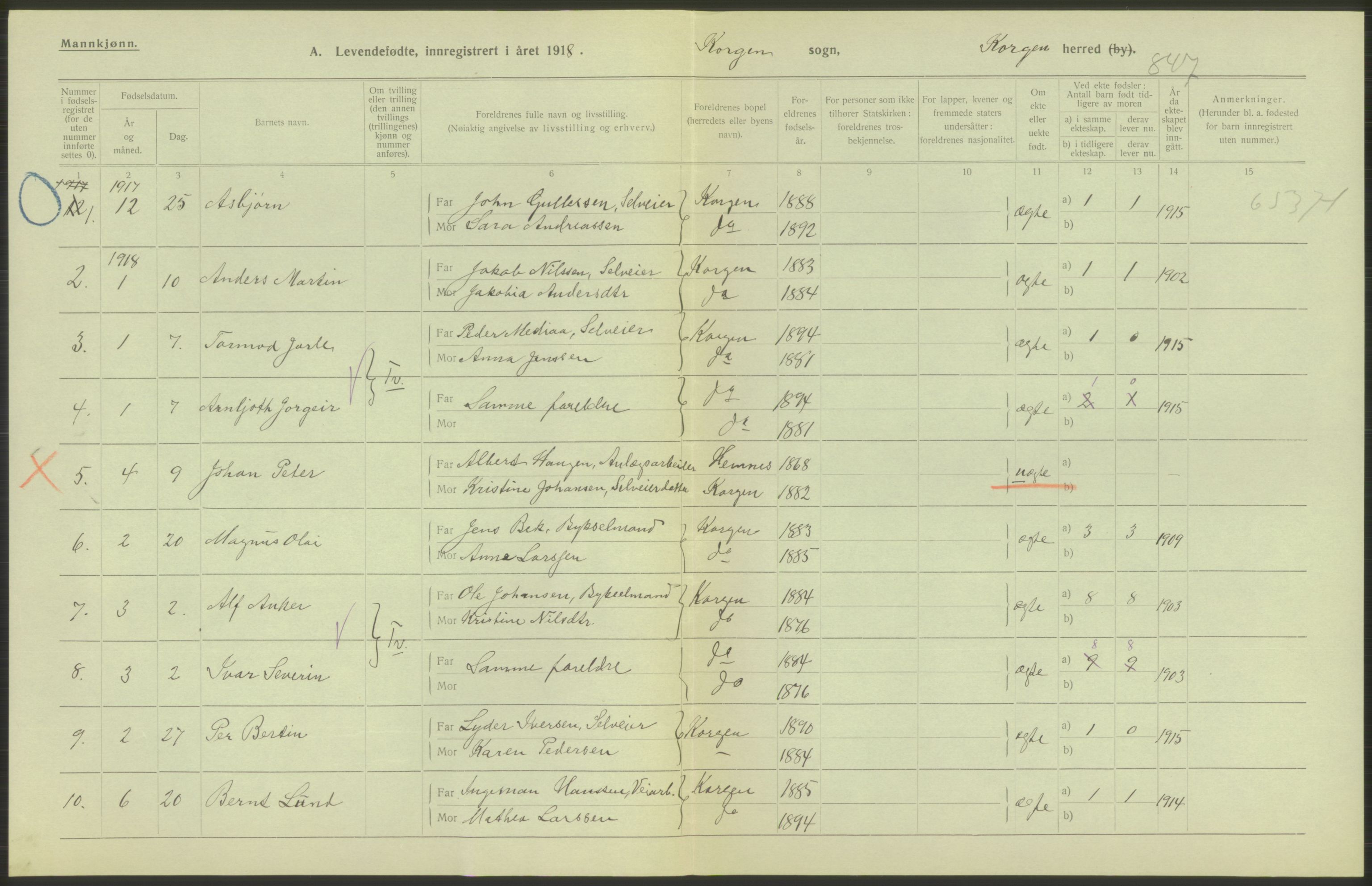 Statistisk sentralbyrå, Sosiodemografiske emner, Befolkning, AV/RA-S-2228/D/Df/Dfb/Dfbh/L0052: Nordland fylke: Levendefødte menn og kvinner. Bygder., 1918, s. 132