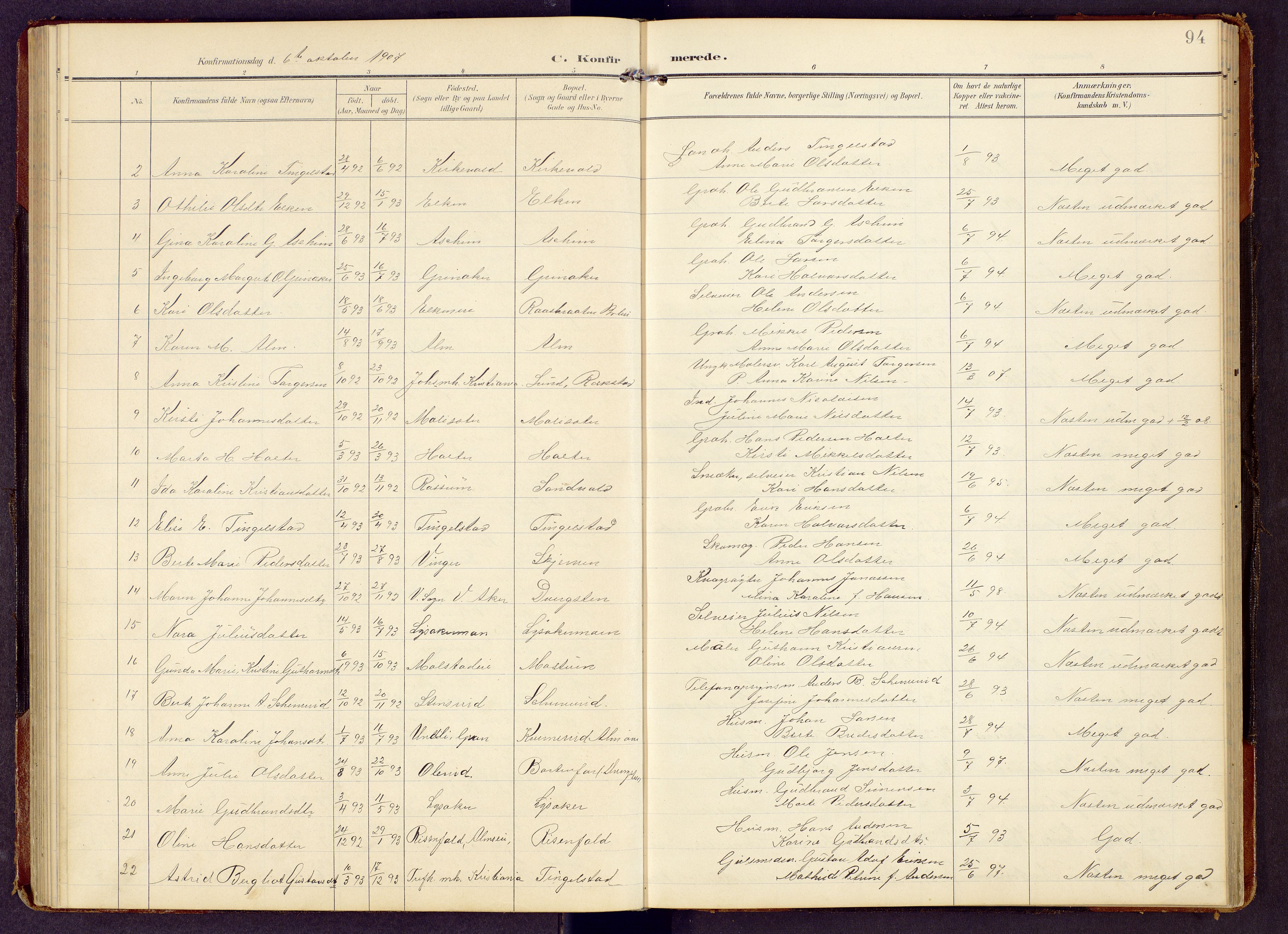 Brandbu prestekontor, AV/SAH-PREST-114/H/Ha/Hab/L0009: Klokkerbok nr. 9, 1903-1916, s. 94