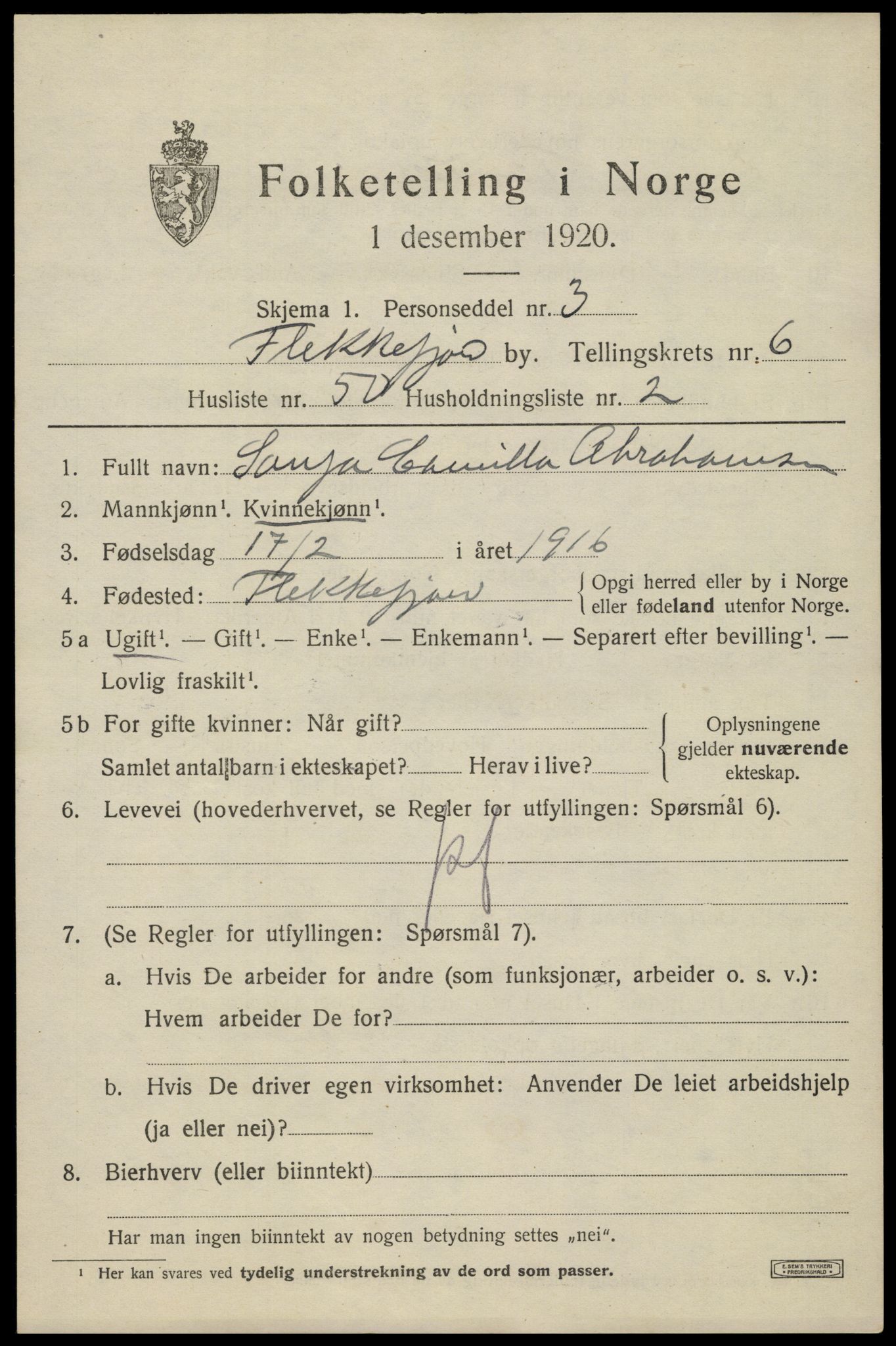 SAK, Folketelling 1920 for 1004 Flekkefjord kjøpstad, 1920, s. 6378
