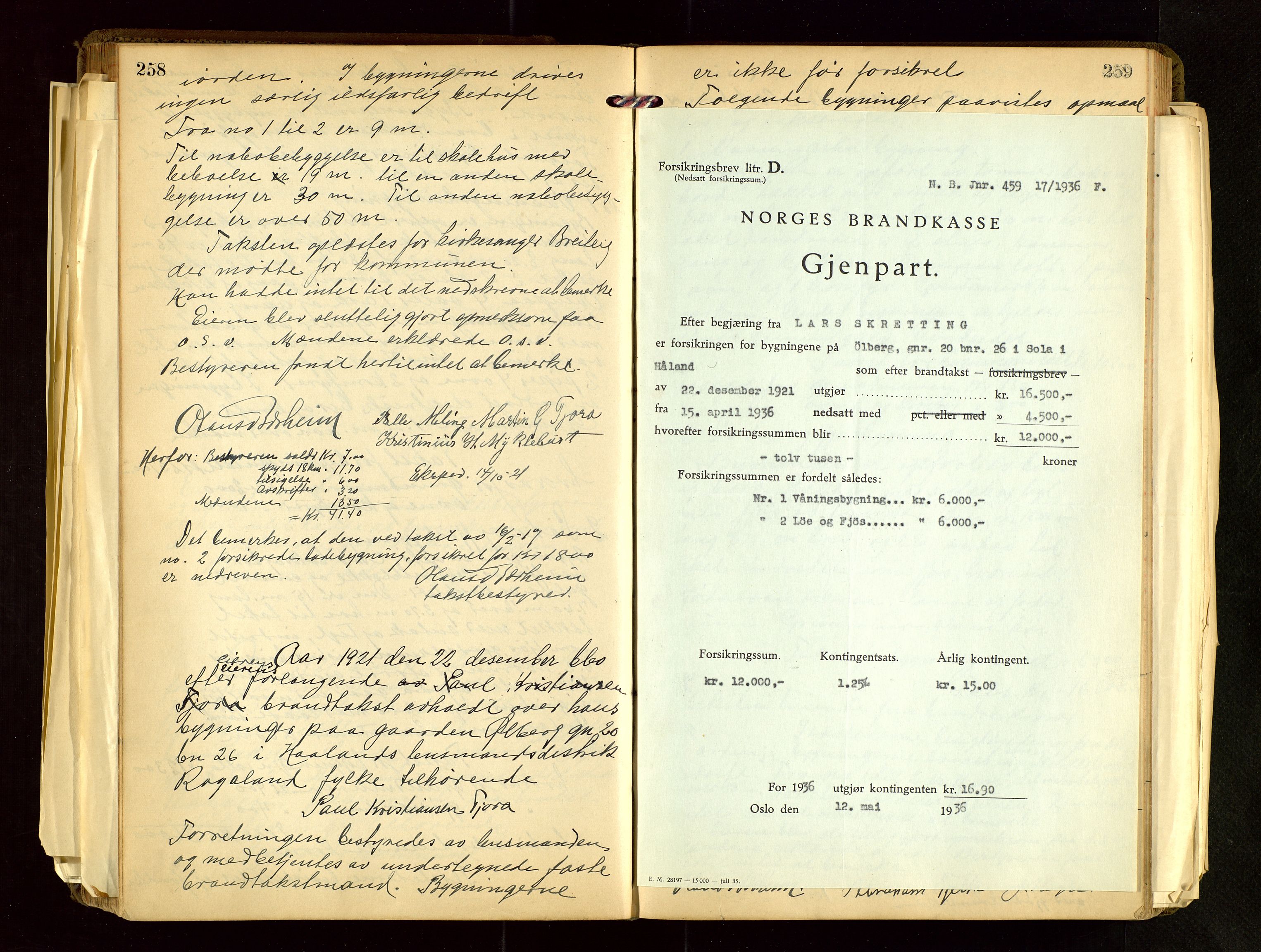 Håland lensmannskontor, AV/SAST-A-100100/Go/L0004: Branntakstprotokoll for lensmannen i Håland. Register i boken., 1919-1929, s. 258-259