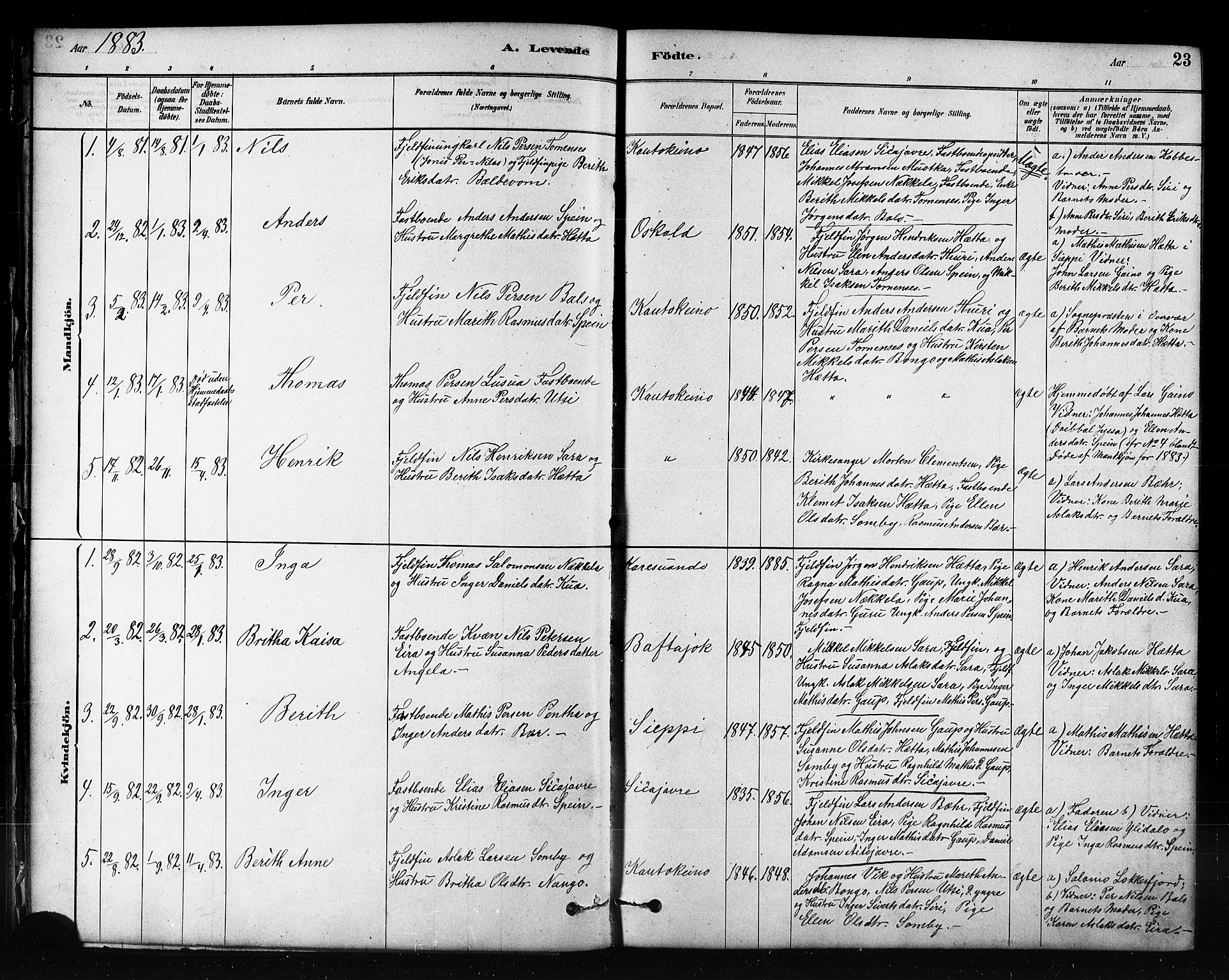 Kautokeino sokneprestembete, AV/SATØ-S-1340/H/Hb/L0002.klokk: Klokkerbok nr. 2, 1877-1896, s. 23