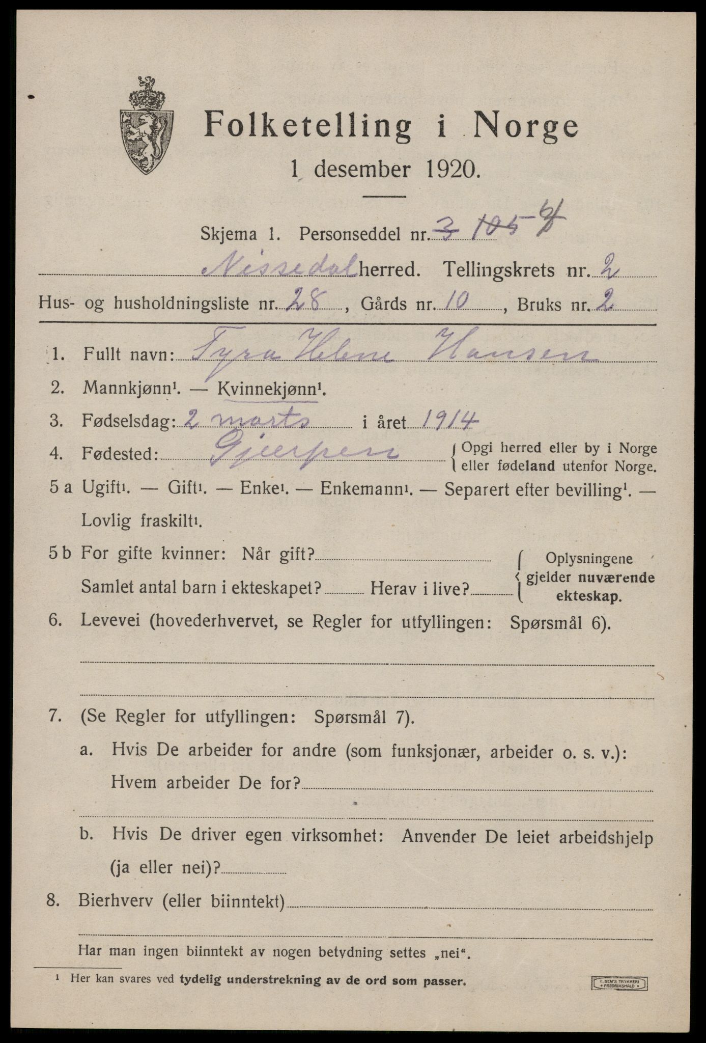 SAKO, Folketelling 1920 for 0830 Nissedal herred, 1920, s. 1495