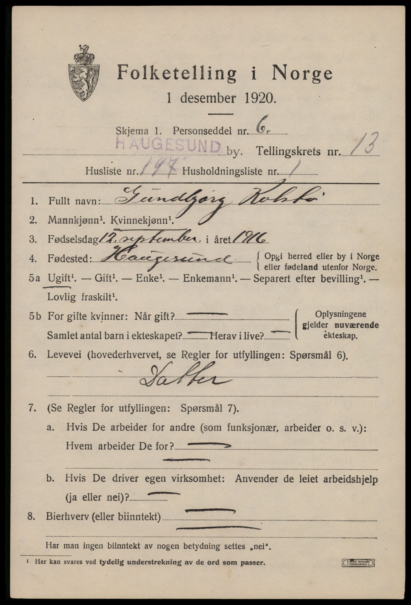 SAST, Folketelling 1920 for 1106 Haugesund kjøpstad, 1920, s. 45081