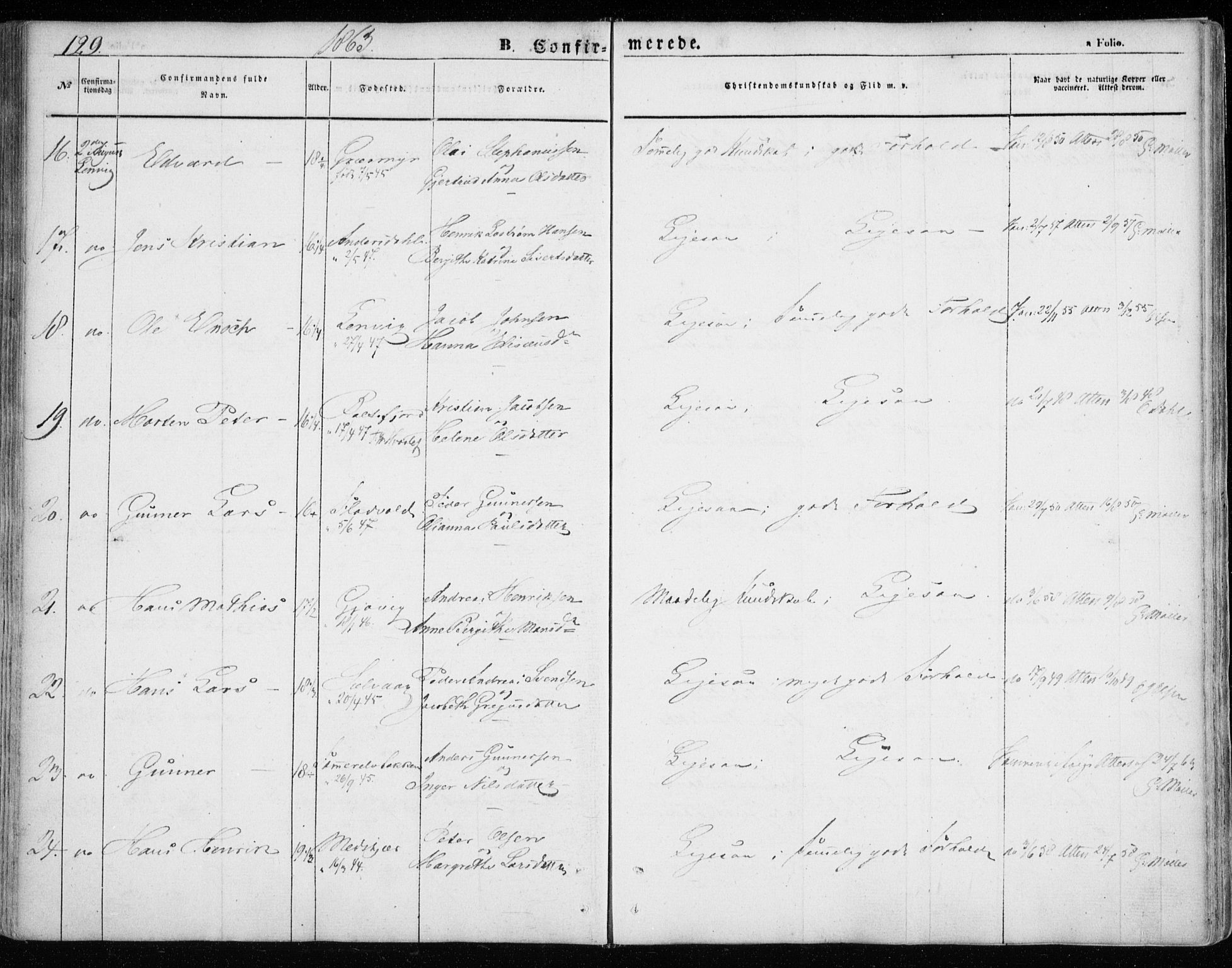 Lenvik sokneprestembete, SATØ/S-1310/H/Ha/Haa/L0007kirke: Ministerialbok nr. 7, 1855-1865, s. 129