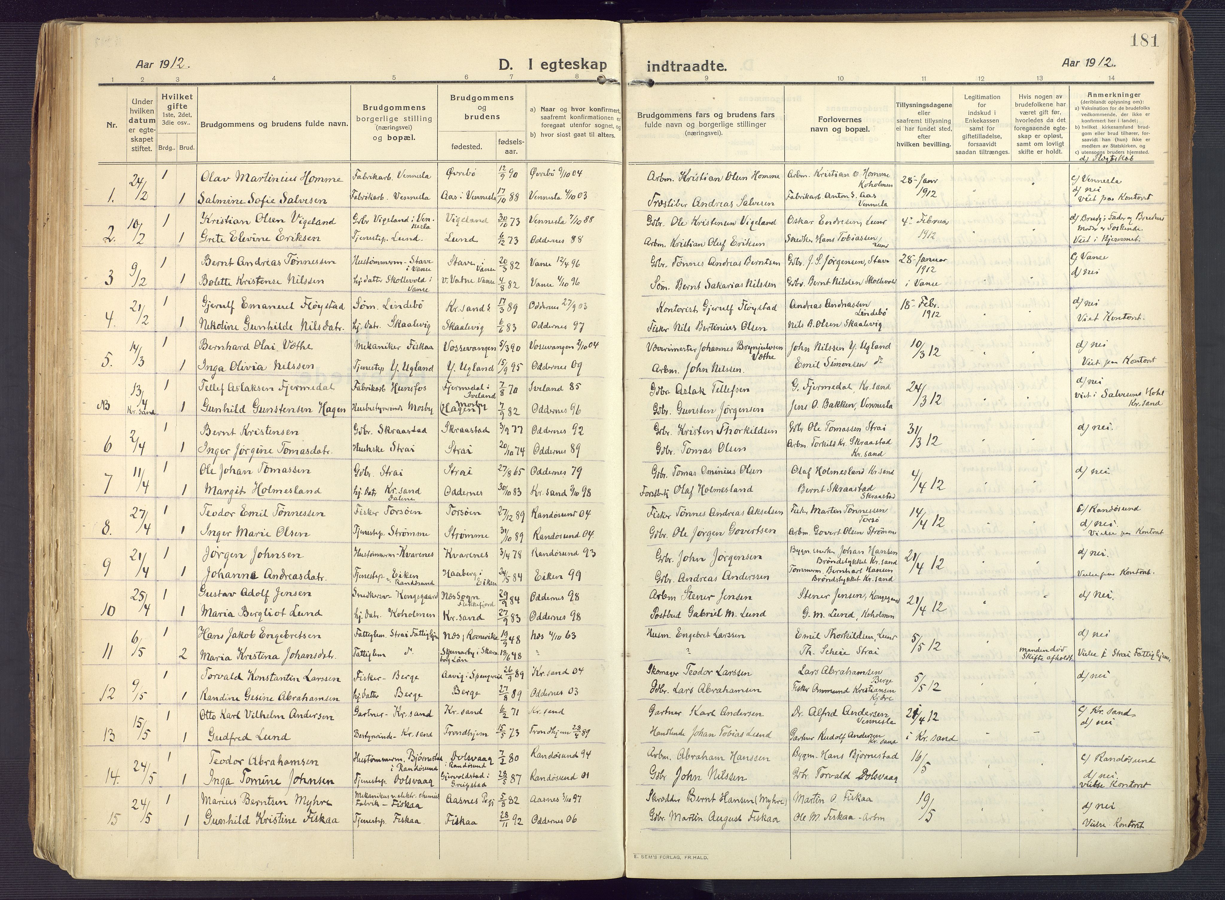 Oddernes sokneprestkontor, SAK/1111-0033/F/Fa/Faa/L0012: Ministerialbok nr. A 12, 1912-1925, s. 181